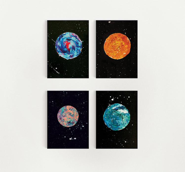 Four colorful abstract moon paintings from the In Her Orbit collection by Abby May Art