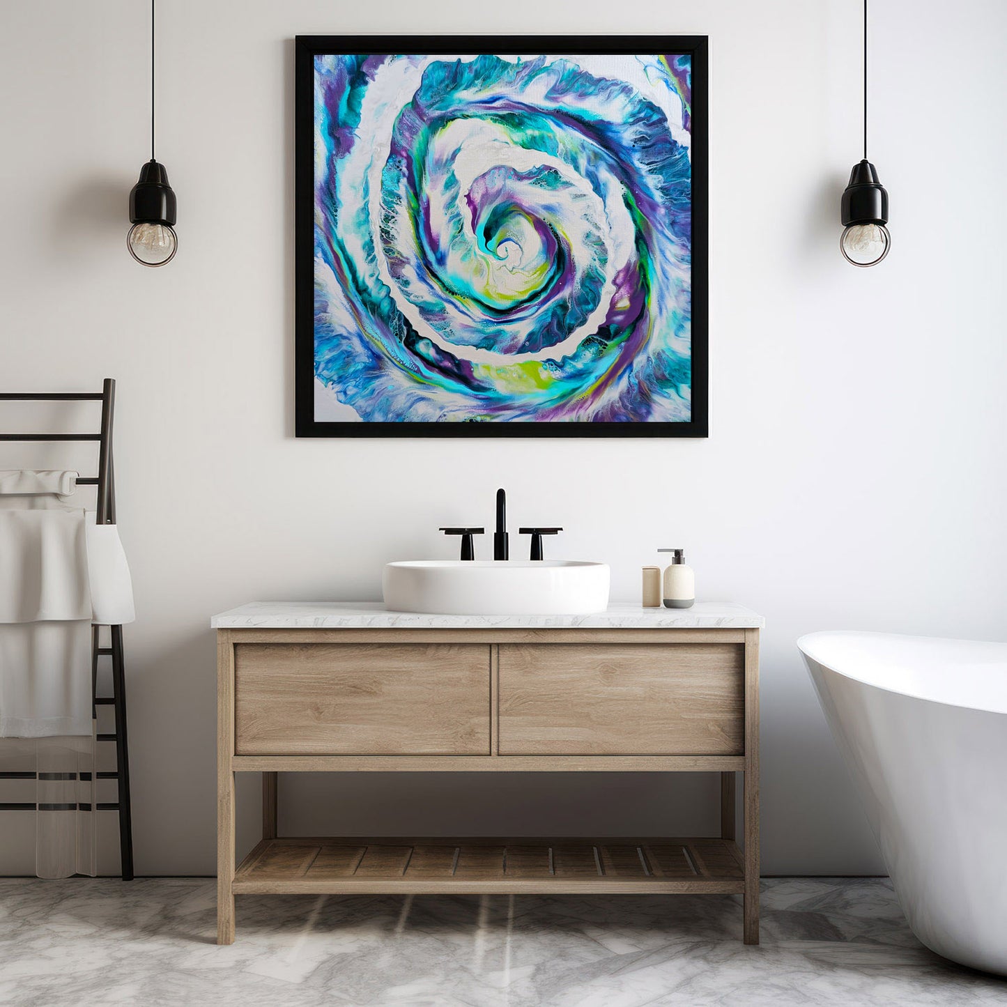 King Peacock original fluid art painting framed in black, styled in a modern bathroom above a wood vanity with marble floors.