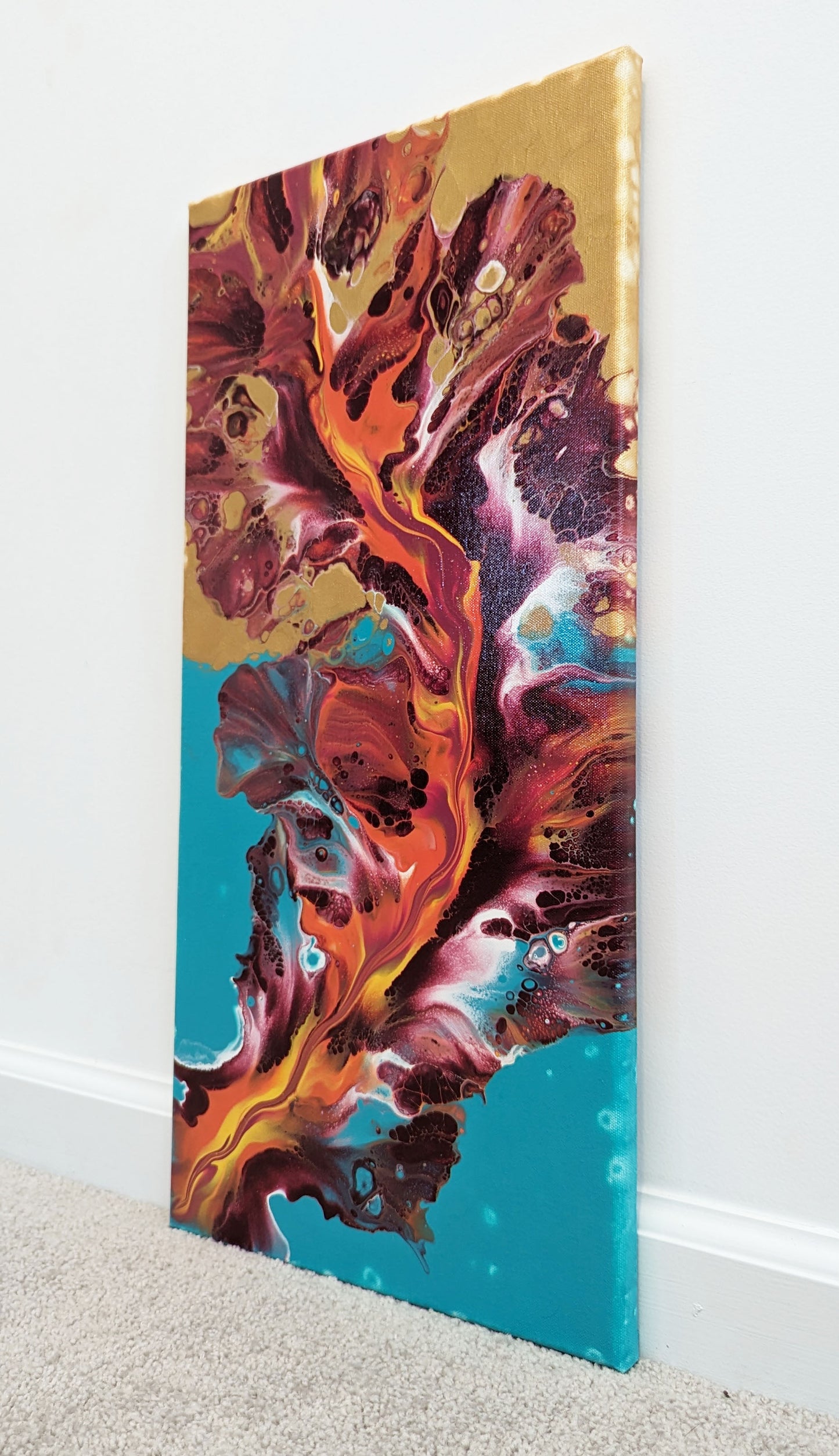 original acrylic fluid artwork named Let It Burn 12x24in