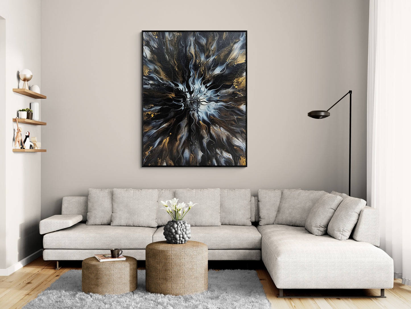 Allure by Abby May framed above a soft gray sectional in a contemporary living room. The swirling black, gold, and white tones serve as a striking modern focal point.