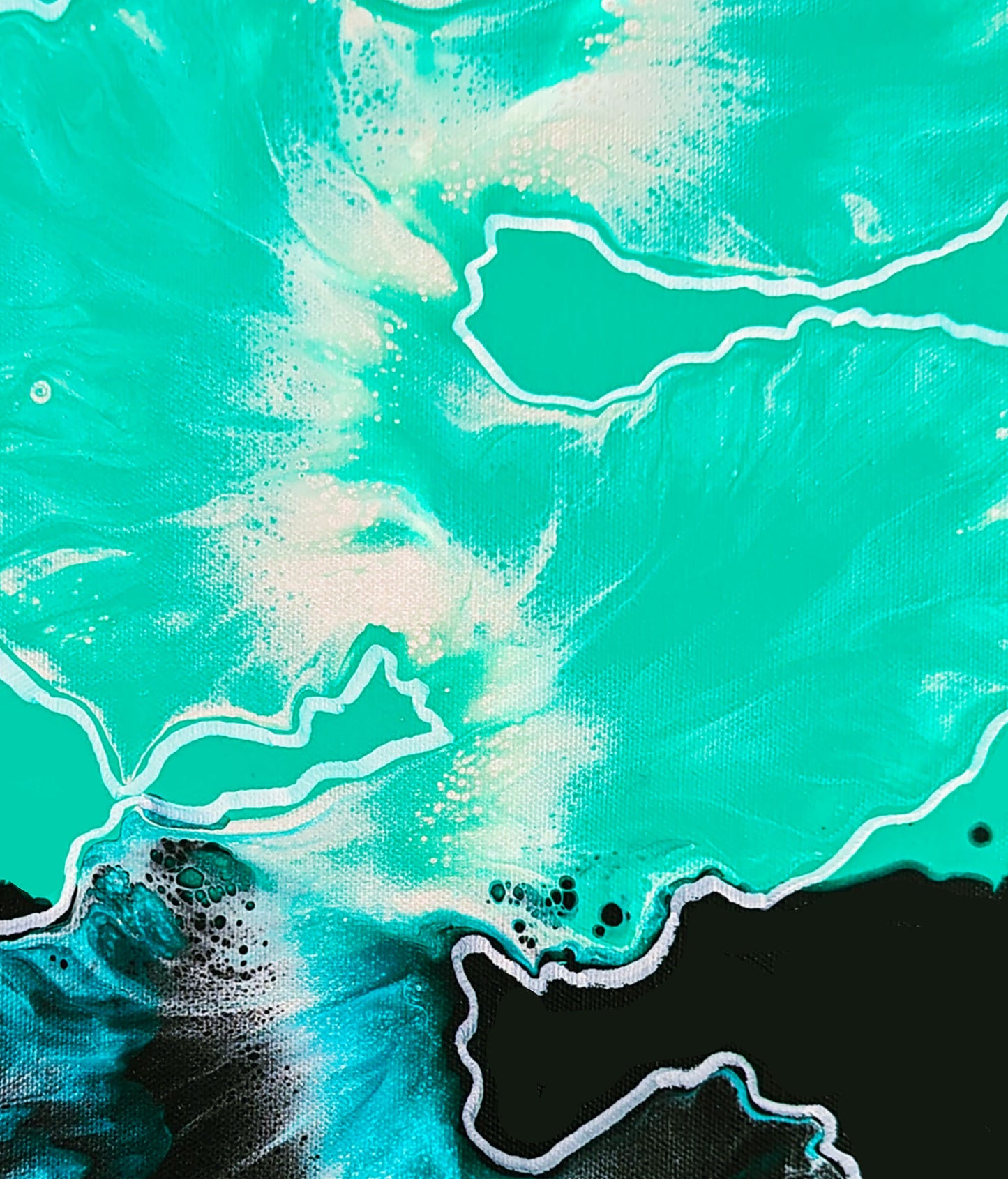 Between the Lines – detailed close-up of teal and white fluid paint blending together with black accents, creating movement and organic flow.
