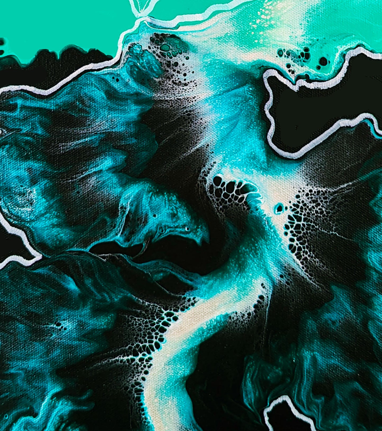 Between the Lines – close-up section of teal and black fluid art showing delicate white lacing and intricate cellular textures.