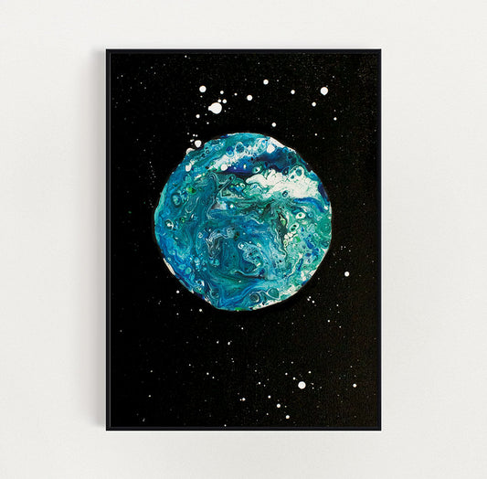 Blue Moon abstract art print featuring teal and indigo swirling tones on a black background, displayed in a black frame