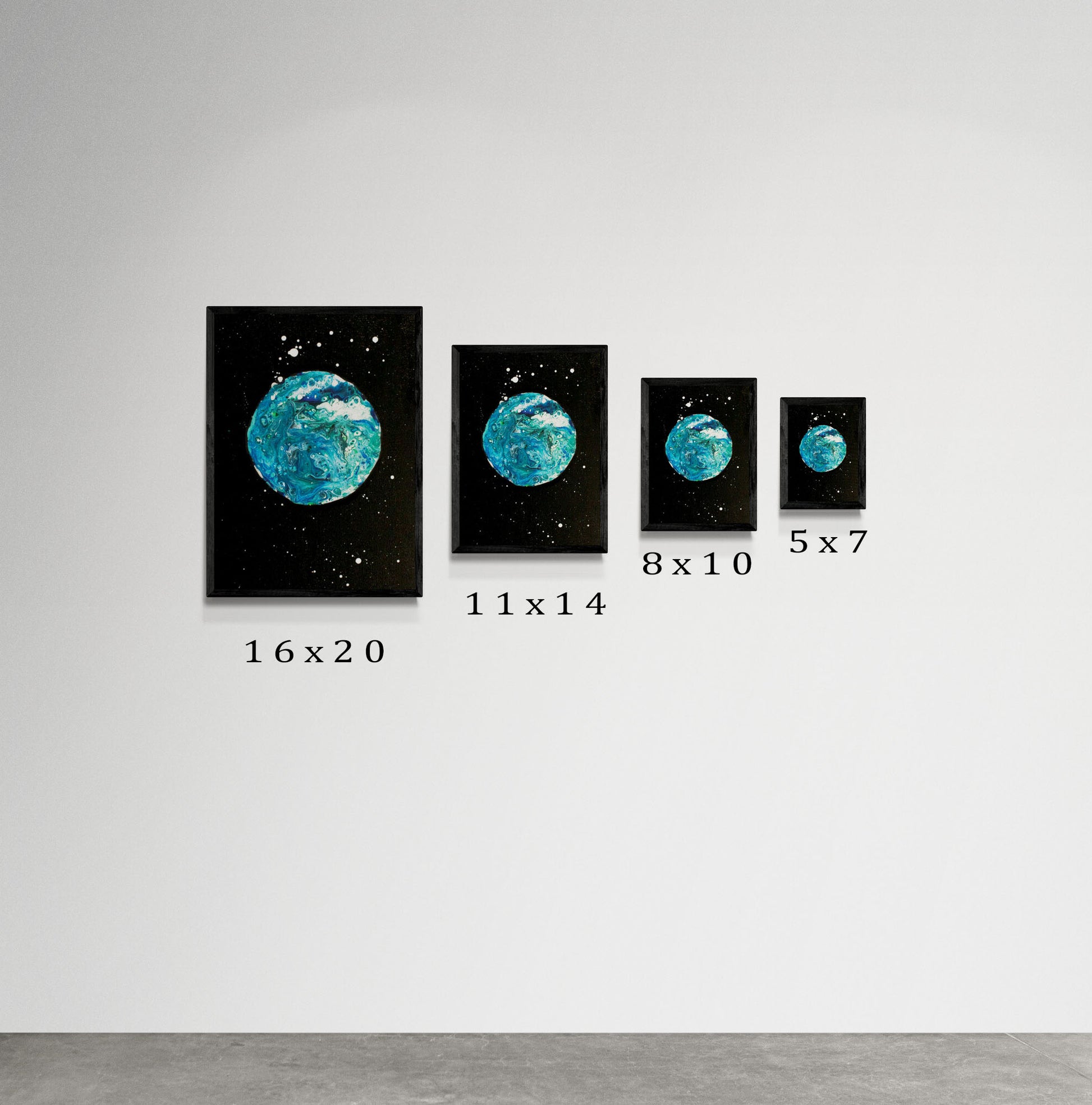 Side-by-side display of Abby May Art’s “Blue Moon” painting in four print sizes—16x20, 11x14, 8x10, and 5x7. Each print is shown in a black frame on a plain white wall. The artwork features a blue and turquoise marbled moon floating against a black star-filled sky. Size labels are placed below each frame to help customers visualize scale.