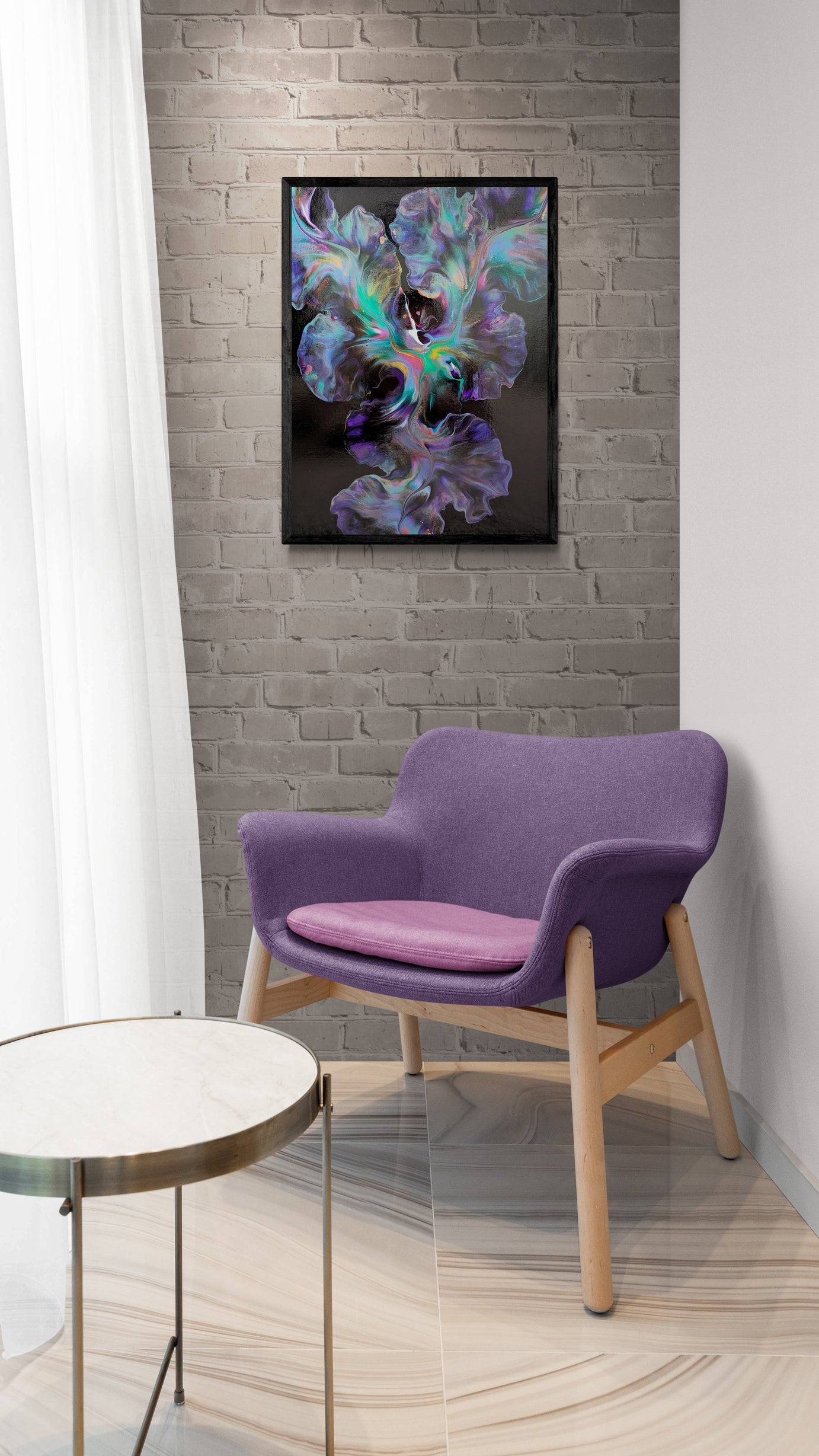 A cosmic abstract painting titled "Celestial Dance" is framed in black and mounted on a soft gray brick wall. The artwork features swirling teal, purple, and aurora-inspired hues on a deep black background. Below, a modern purple accent chair with a pink cushion sits beside a round marble table and white curtain, creating a serene, modern corner with a touch of magic.