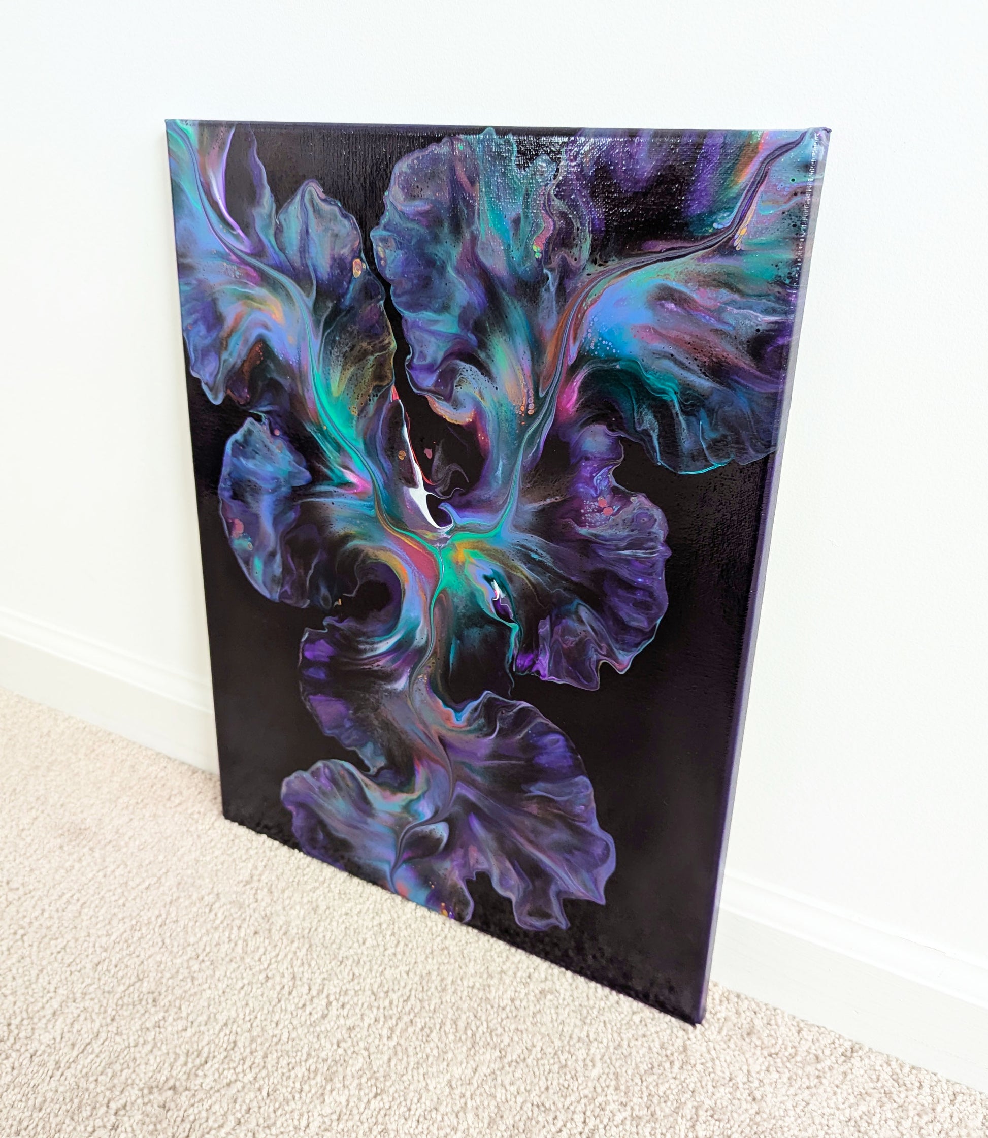 A mesmerizing abstract fluid painting titled 'Celestial Dance,' featuring a deep purple background with swirls of cool green and purple hues. Delicate cells and flowing movement evoke the beauty of cosmic lights dancing in the night sky