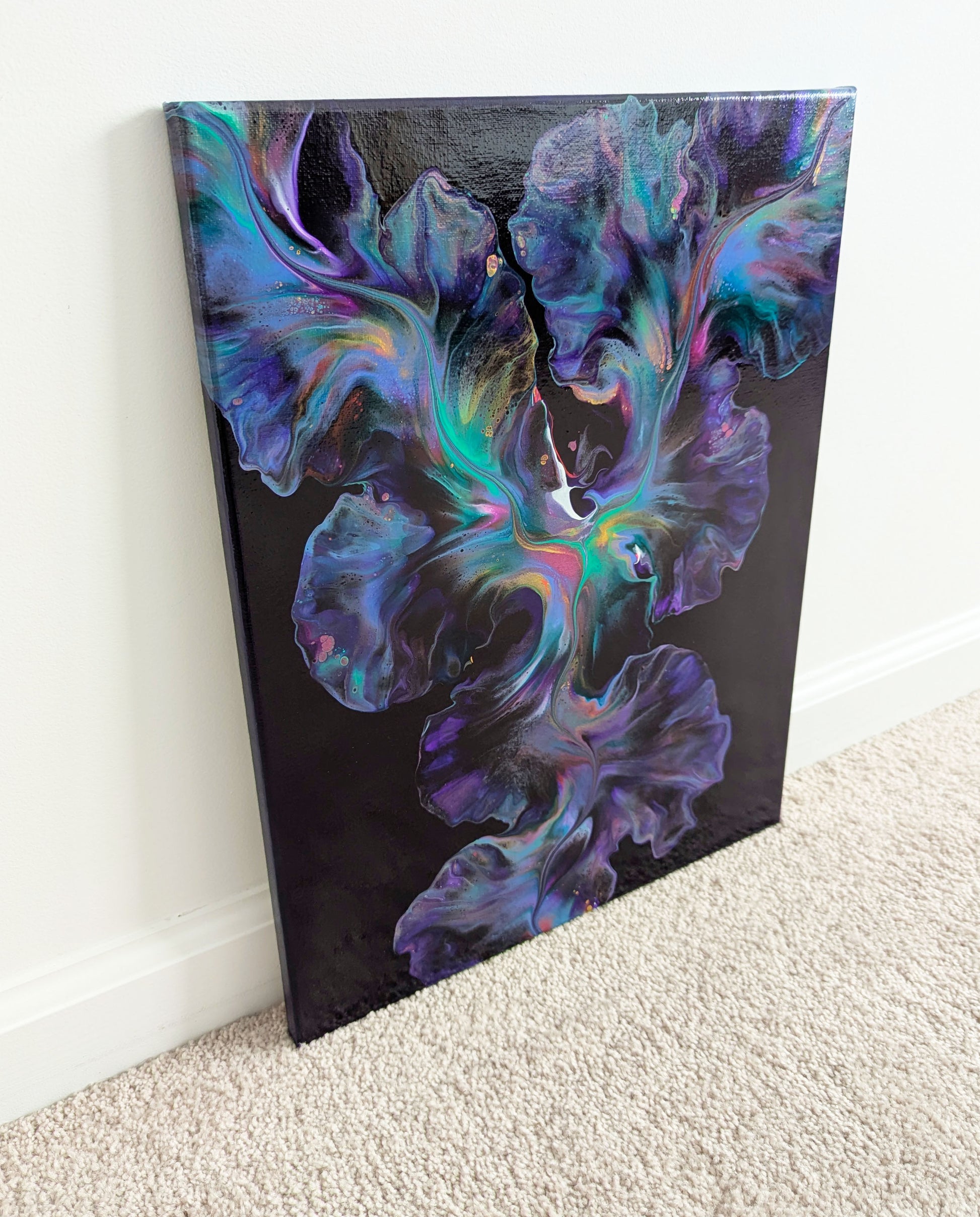 A mesmerizing abstract fluid painting titled 'Celestial Dance,' featuring a deep purple background with swirls of cool green and purple hues. Delicate cells and flowing movement evoke the beauty of cosmic lights dancing in the night sky