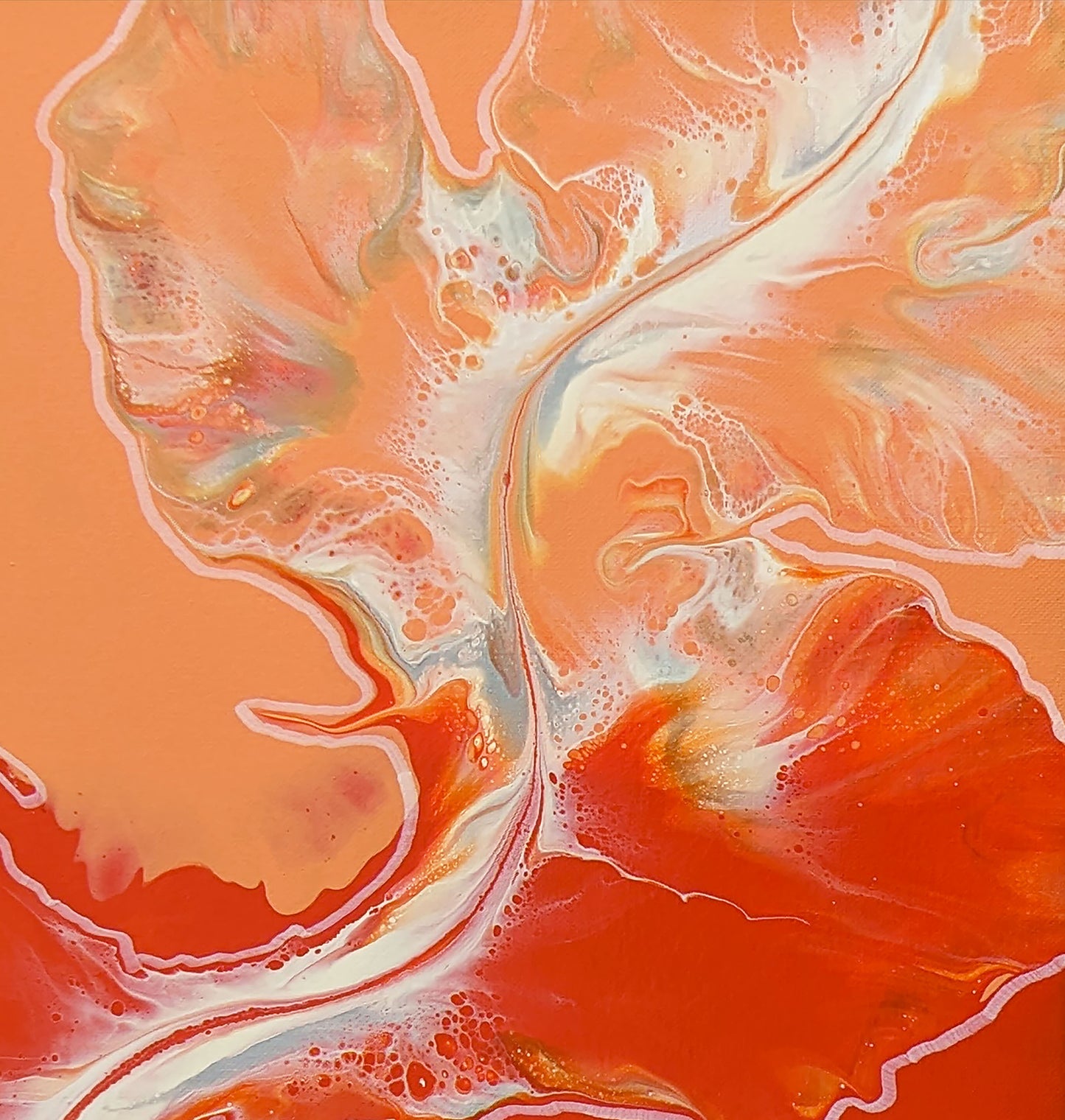 Close-up of Cross the Line, highlighting soft peach, fiery orange, and shimmering white details with fine lacing and cellular textures.