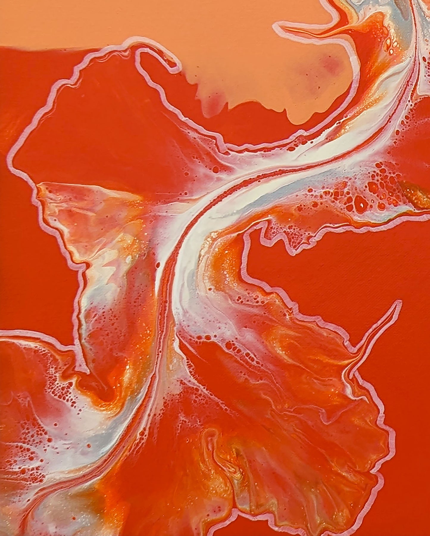 Detail of Cross the Line, showing bold orange-red background with white river-like flow and shimmering gold accents creating a dynamic movement across the canvas.