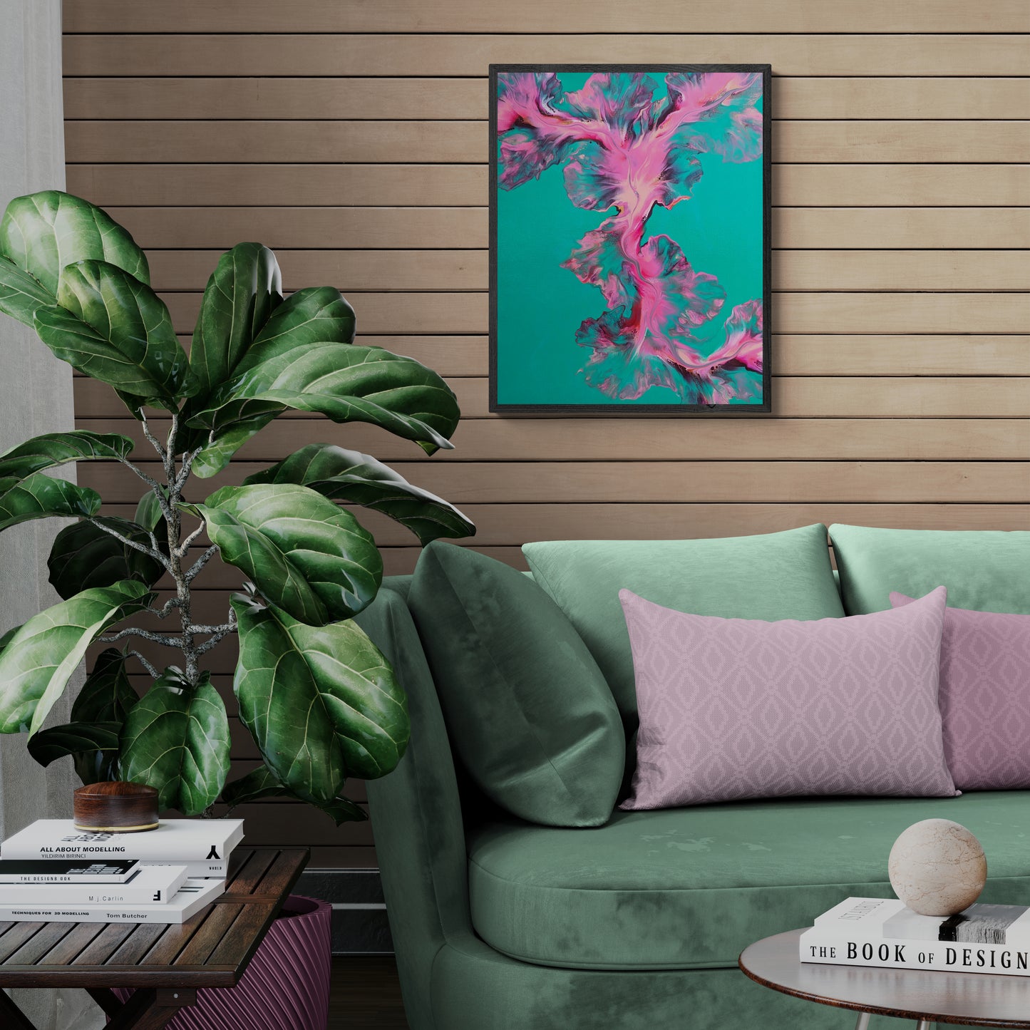 Framed abstract painting with pink and blue fluid forms on a teal background, hanging on a light wooden slatted wall above a sage green velvet sofa with lavender pillows, surrounded by design books and a large leafy houseplant.
