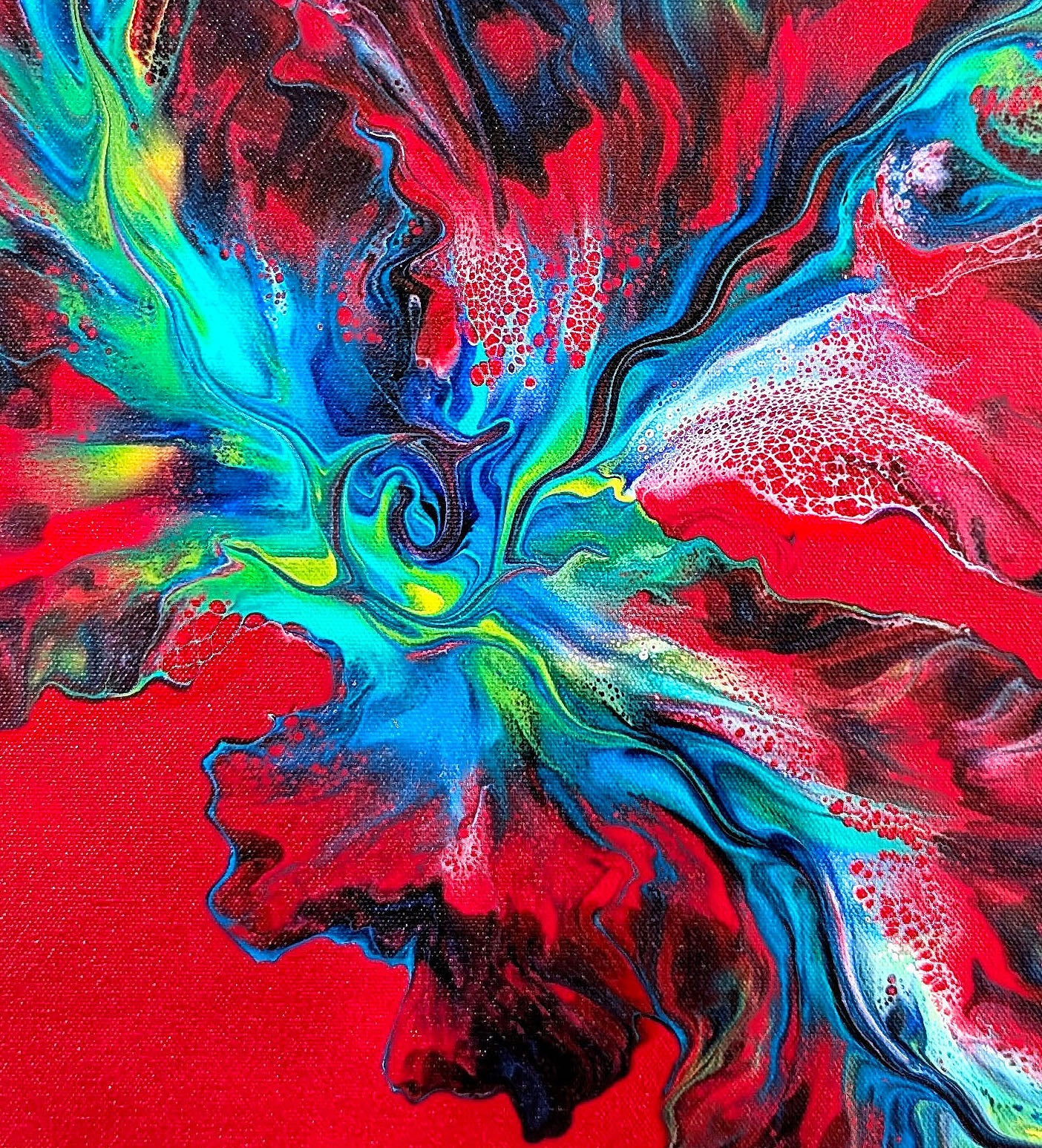 Macro view of Elemental Surge fluid art, highlighting dynamic swirls of turquoise, lime green, and cobalt blue against deep red.