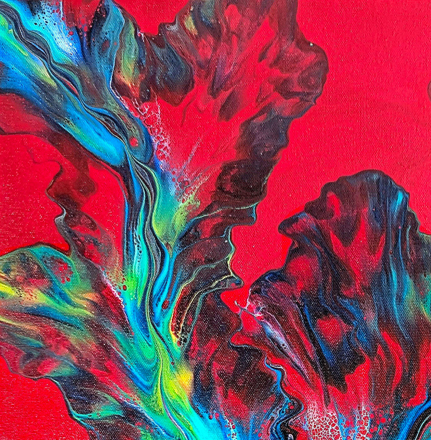 Close-up section of Elemental Surge artwork, featuring layered red and black textures with bold blue and green fluid movement.