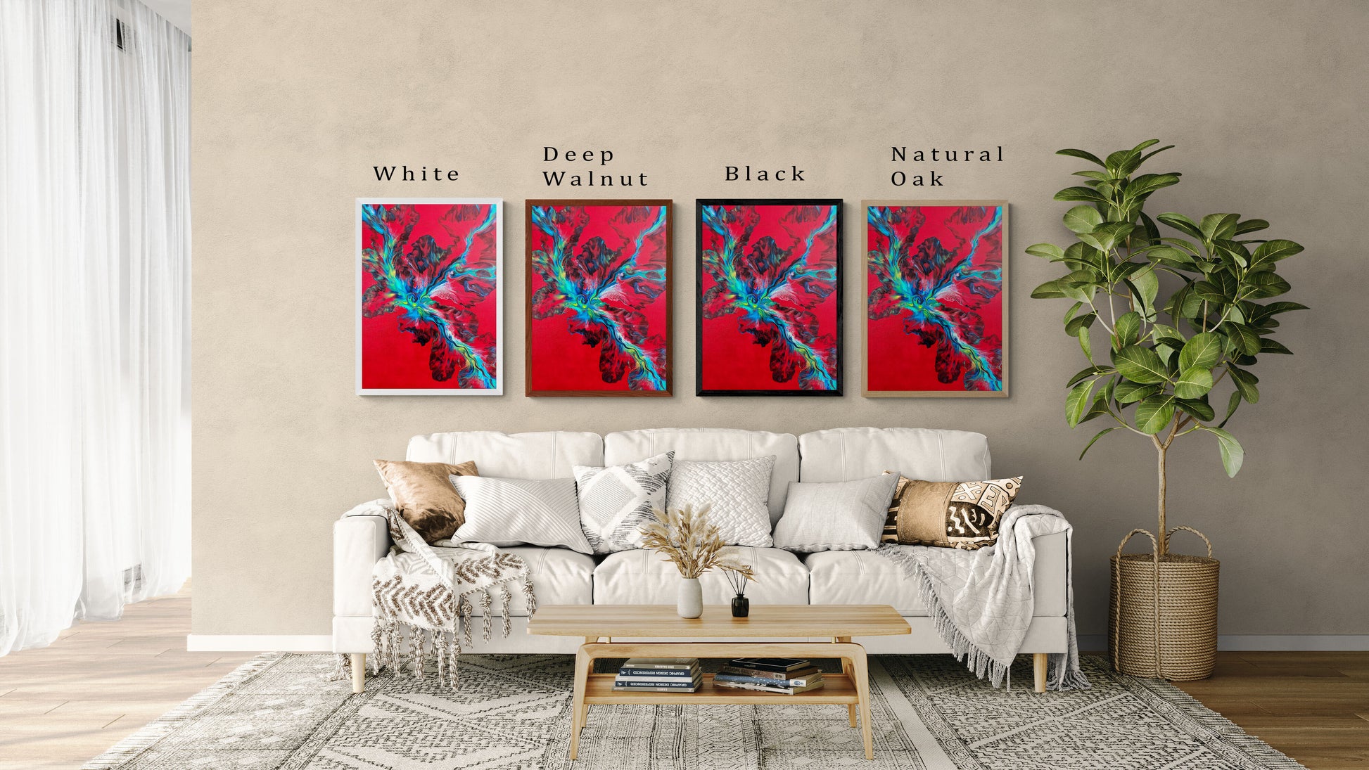 Four framed prints of Abby May Art’s “Elemental Surge” displayed above a cream sofa. The artwork features a bold red background with vibrant teal, blue, and black fluid movement bursting from the center. Frame options—White, Deep Walnut, Black, and Natural Oak—are shown side by side with labels to compare how each frame complements the artwork.