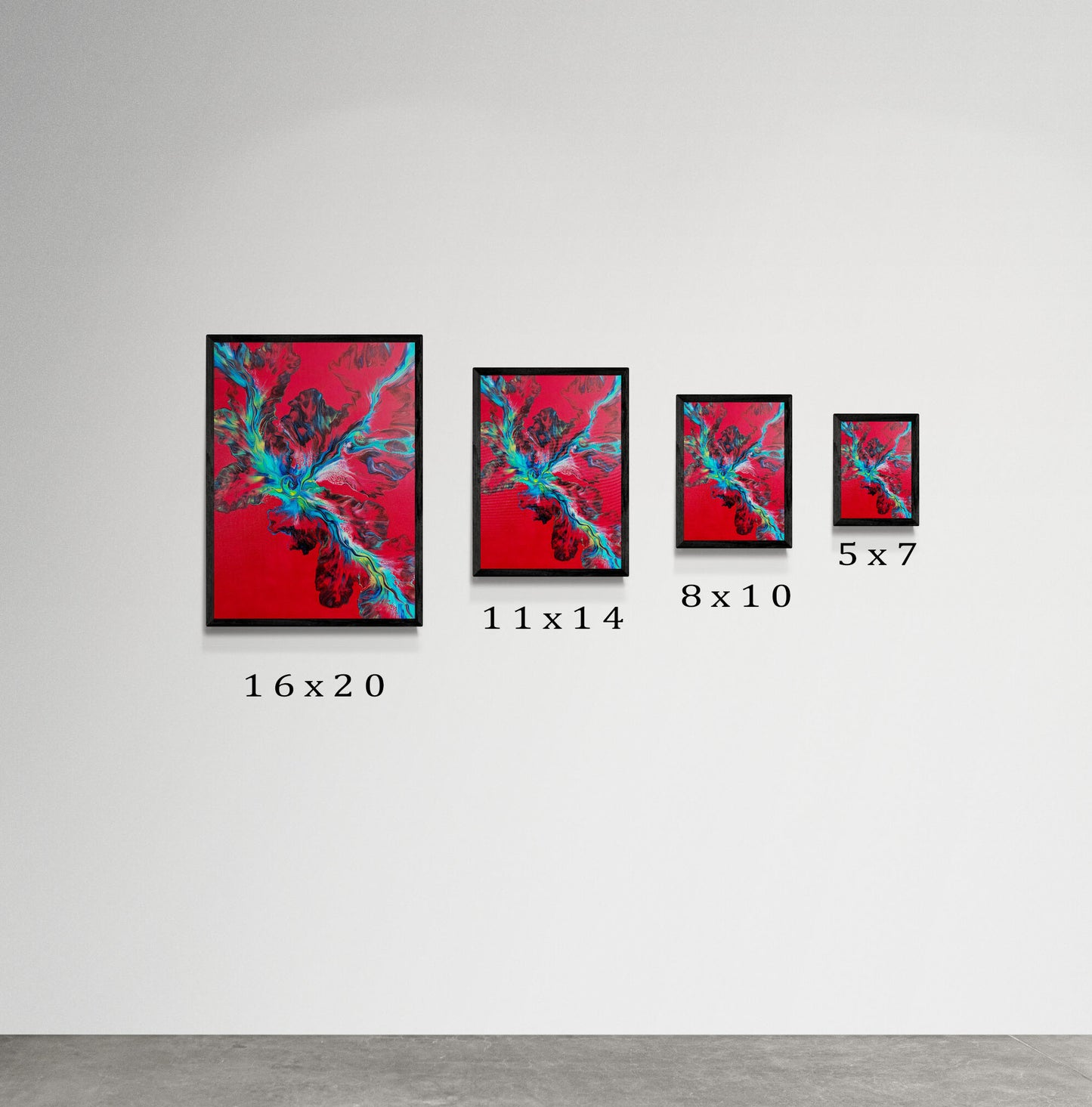 Size comparison of Abby May Art’s “Elemental Surge” in four print sizes—16x20, 11x14, 8x10, and 5x7—each in a black frame on a white gallery-style wall. The artwork has a vivid red base with swirling teal and blue fluid patterns. Size labels below help visualize scale.