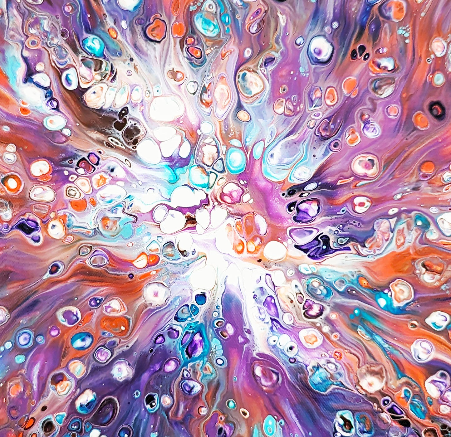 Close-up of Elusive Kitsune acrylic fluid art painting, featuring flowing purple, orange, and turquoise patterns with organic cell-like textures.