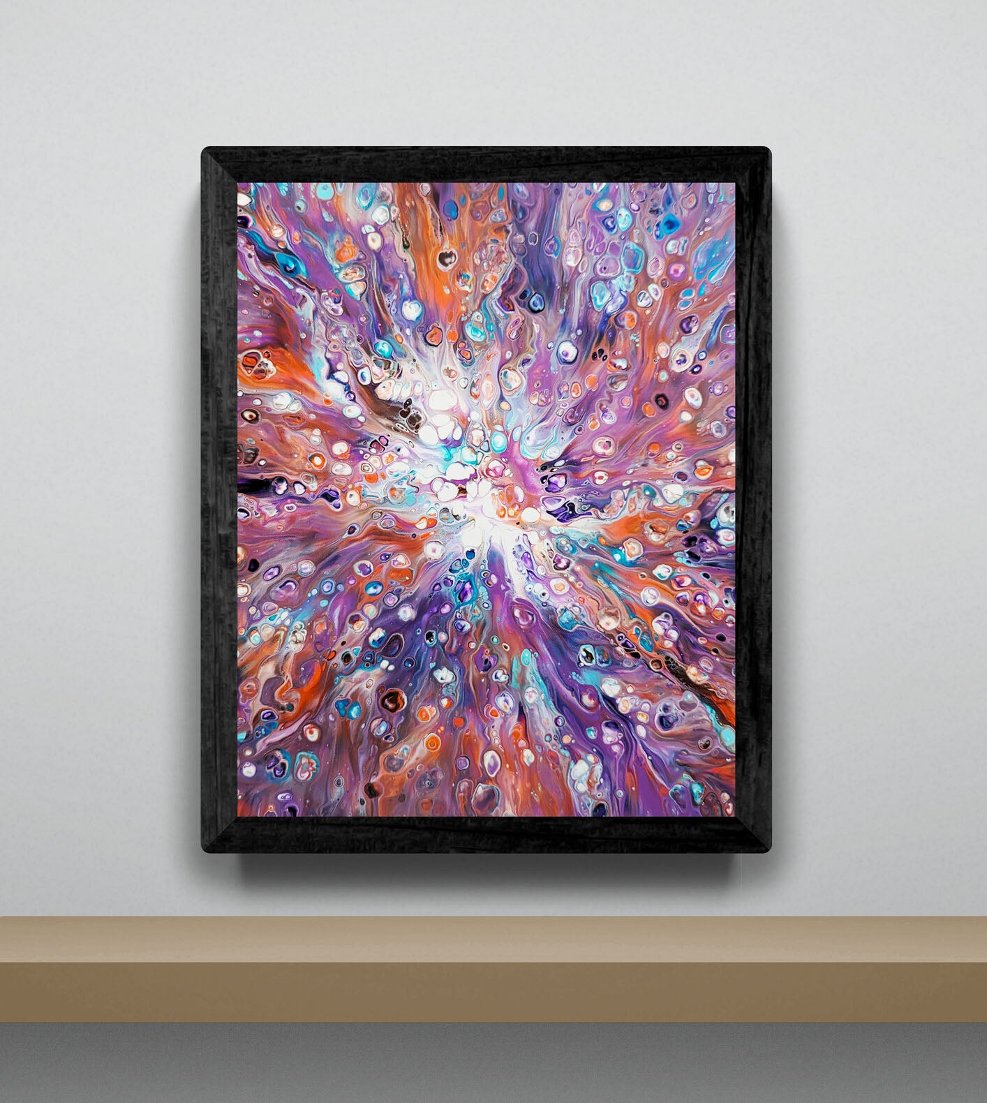 Elusive Kitsune acrylic fluid art print in a black frame, displayed on a neutral wall with warm lighting.