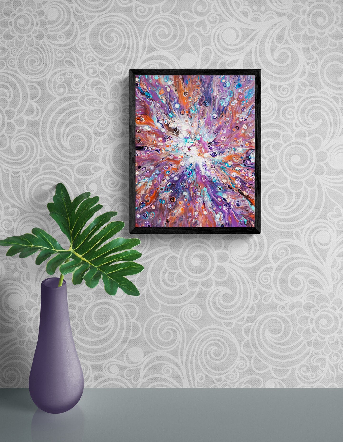 Elusive Kitsune abstract fluid art print on display above a minimalist table with a decorative vase and patterned wallpaper.