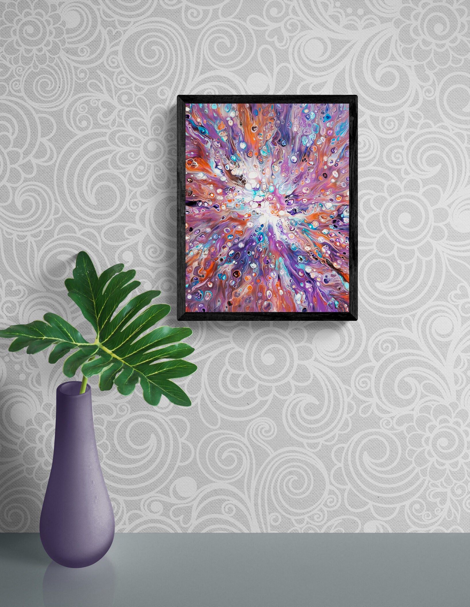 Elusive Kitsune abstract fluid art print on display above a minimalist table with a decorative vase and patterned wallpaper.