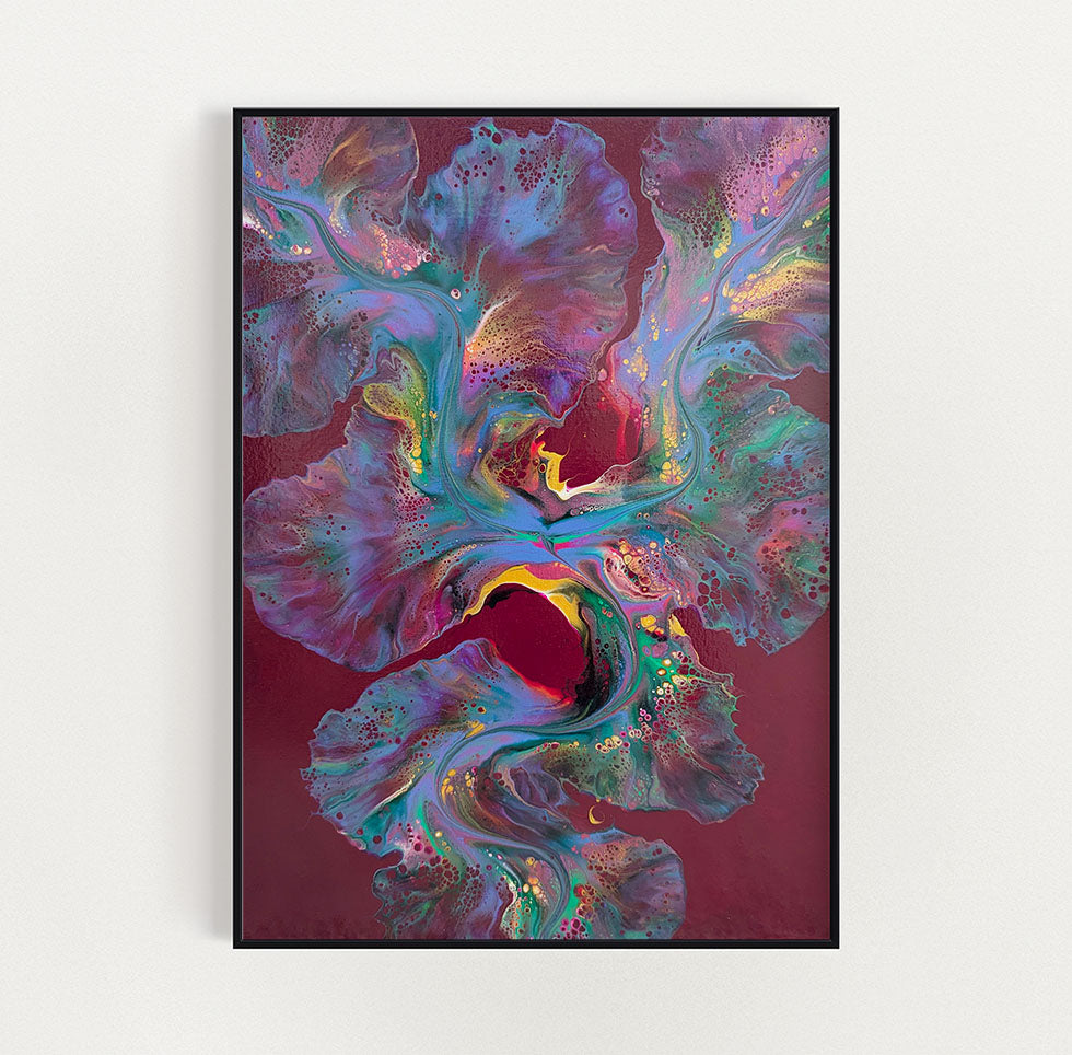An expressive abstract fluid painting titled 'Ember Glow,' with a rich burgundy background illuminated by a vibrant blend of warm and cool tones. Fiery pinks and gold create a striking contrast, resembling glowing embers in motion