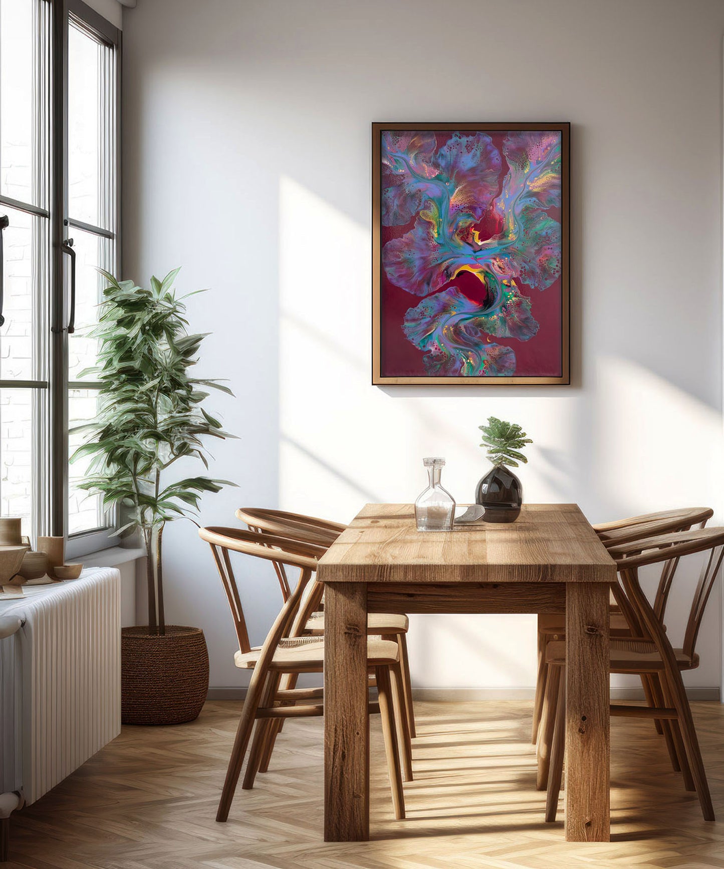 An expressive abstract fluid painting titled 'Ember Glow,' with a rich burgundy background illuminated by a vibrant blend of warm and cool tones. Fiery pinks and gold create a striking contrast, resembling glowing embers in motion