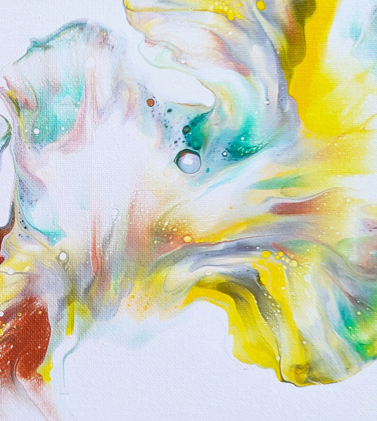 Close-up of First Daffodils of Spring, an original fluid painting by Abby May, showing a clear bubble and small cells in yellow, teal, and rust.