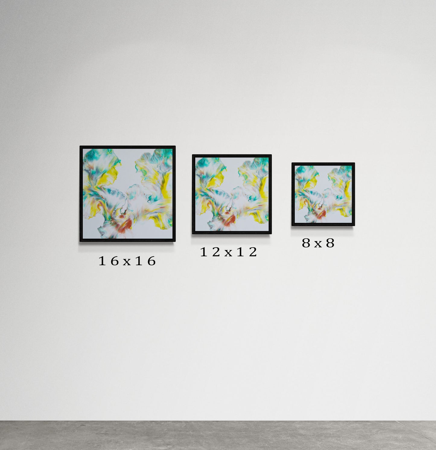 Side-by-side comparison of Abby May Art’s “First Daffodils of Spring” painting in three square print sizes—16x16, 12x12, and 8x8—each in a black frame on a plain white wall. The artwork showcases airy abstract floral-inspired swirls in yellow, teal, and copper. Size labels are shown below each frame to help viewers visualize scale.