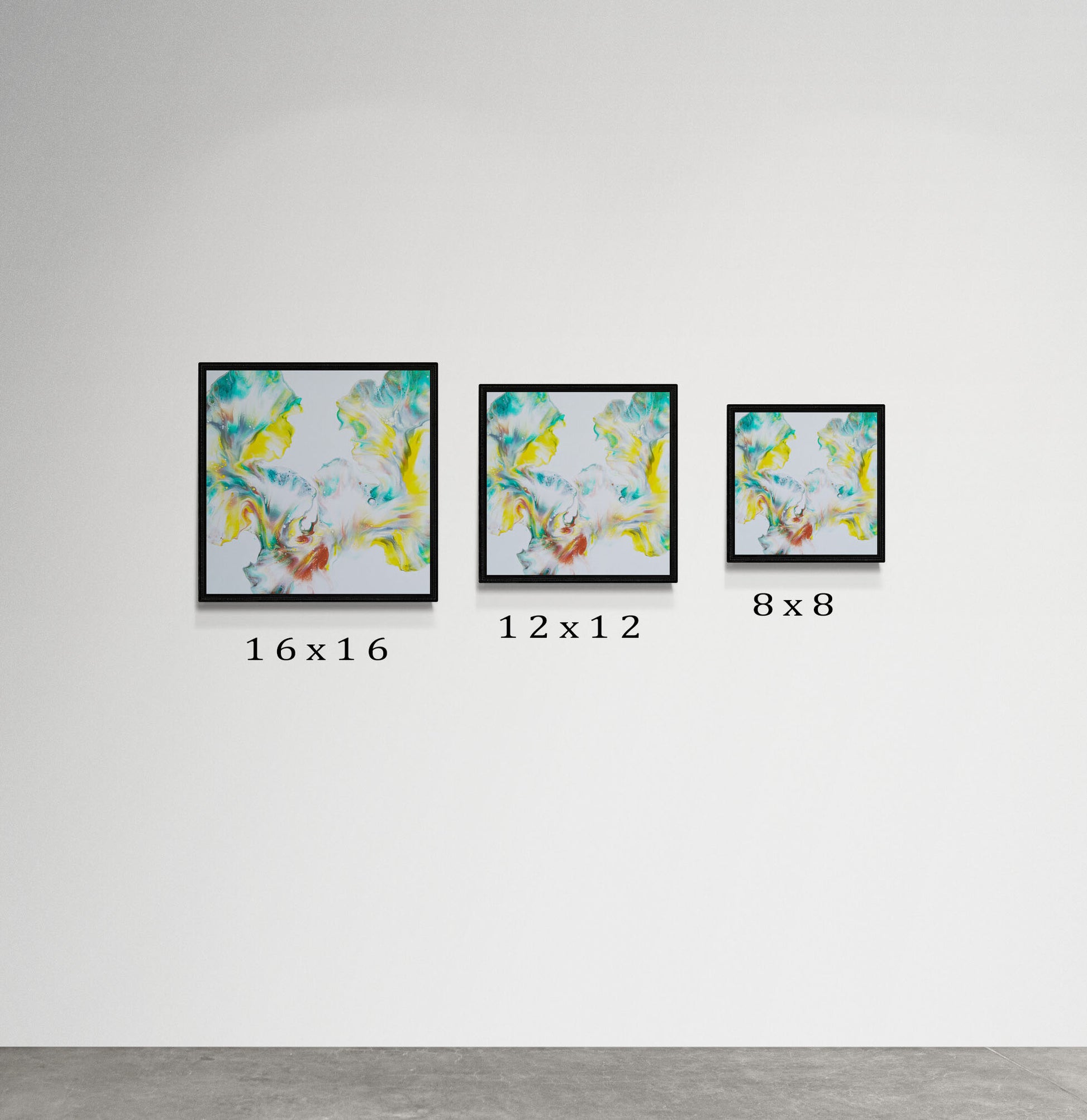 Side-by-side comparison of Abby May Art’s “First Daffodils of Spring” painting in three square print sizes—16x16, 12x12, and 8x8—each in a black frame on a plain white wall. The artwork showcases airy abstract floral-inspired swirls in yellow, teal, and copper. Size labels are shown below each frame to help viewers visualize scale.