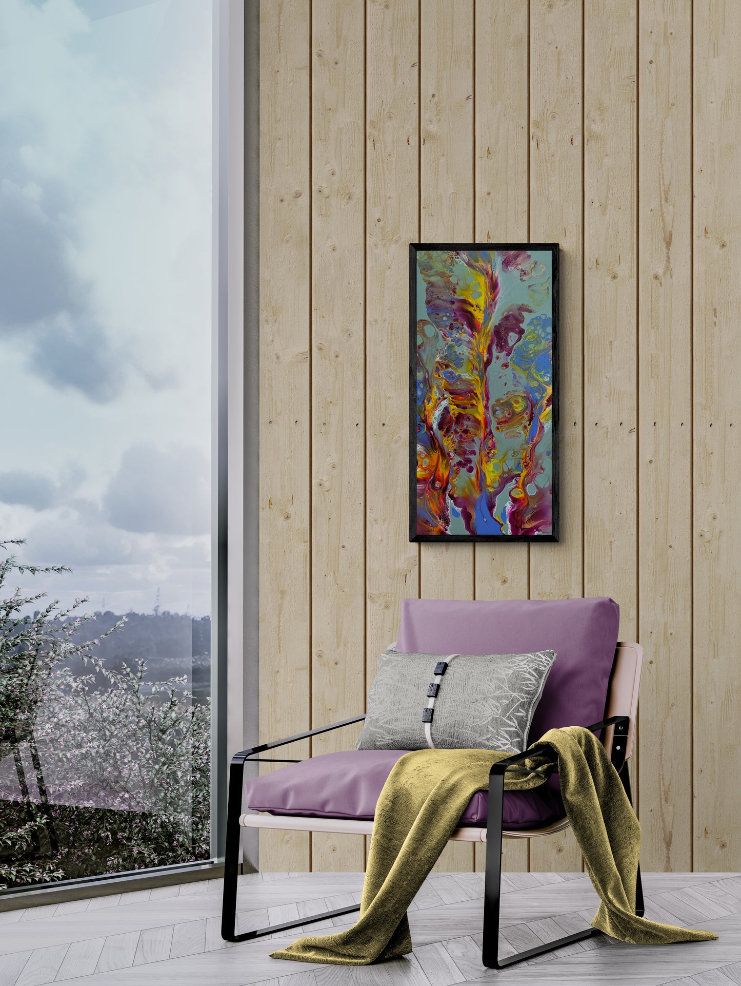 Abstract painting titled “Floral Hideaway” displayed on a light wood wall above a purple lounge chair with a yellow throw blanket. A large window reveals a scenic outdoor view with soft clouds and blossoming trees.
