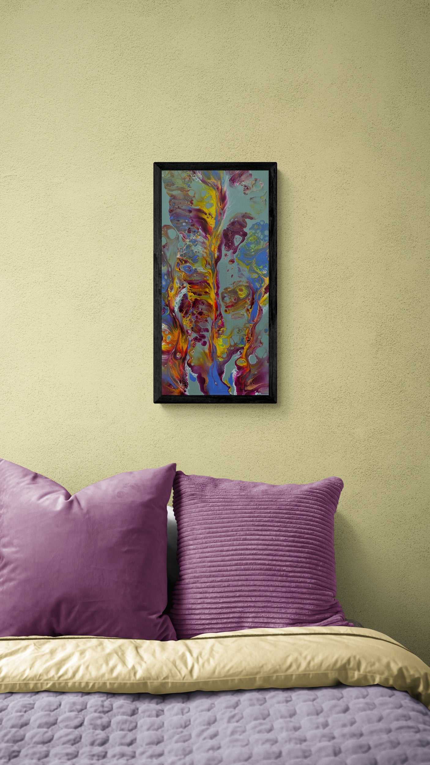 Abstract painting titled “Floral Hideaway” displayed above a bed with soft lavender and cream bedding and two purple throw pillows. The wall behind is a muted yellow, creating a cozy, inviting atmosphere.