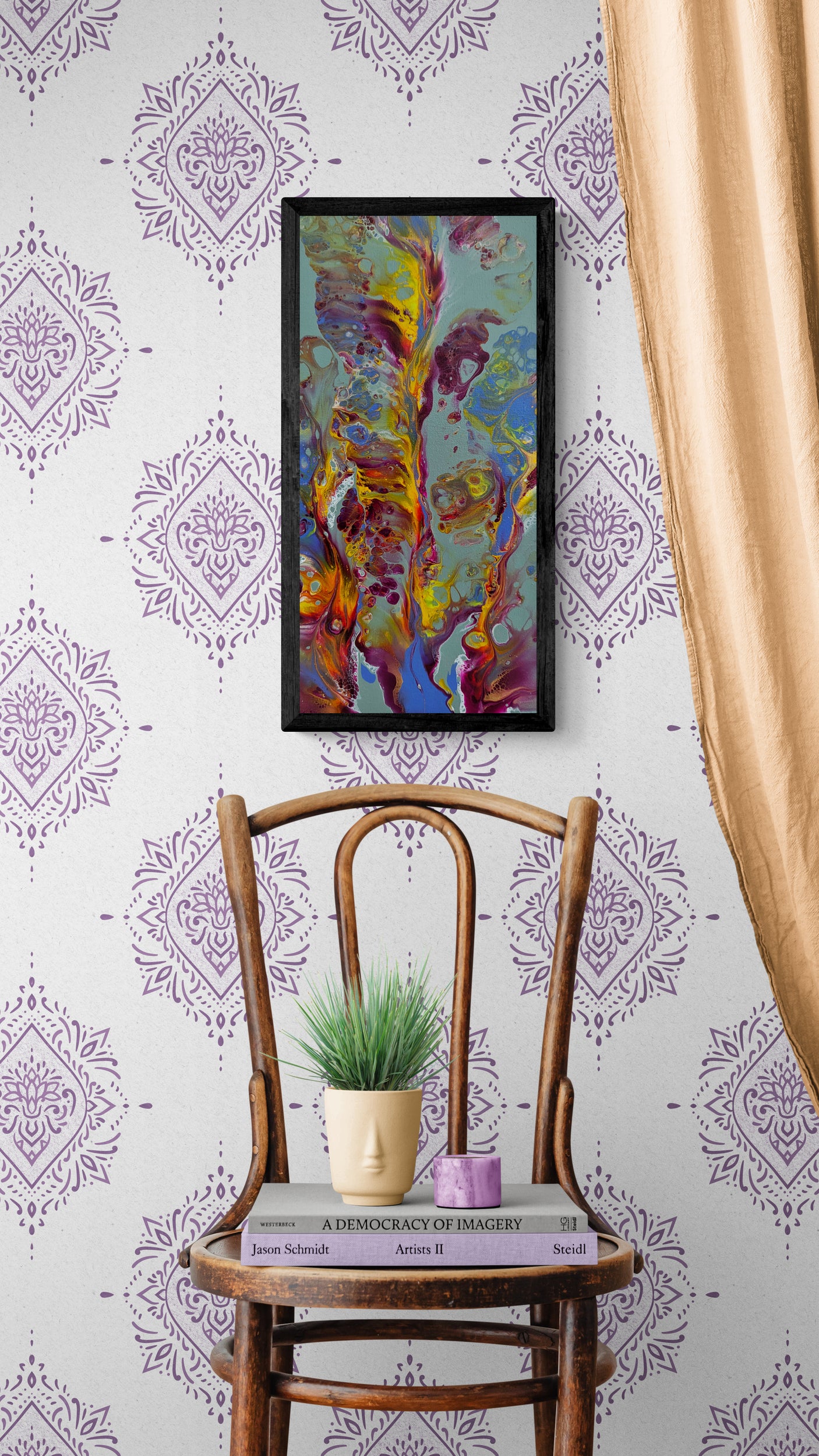 Abstract floral-inspired painting titled “Floral Hideaway” displayed on a patterned wall above a vintage chair with stacked books, a small plant, and soft golden curtains partially drawn to the side.
