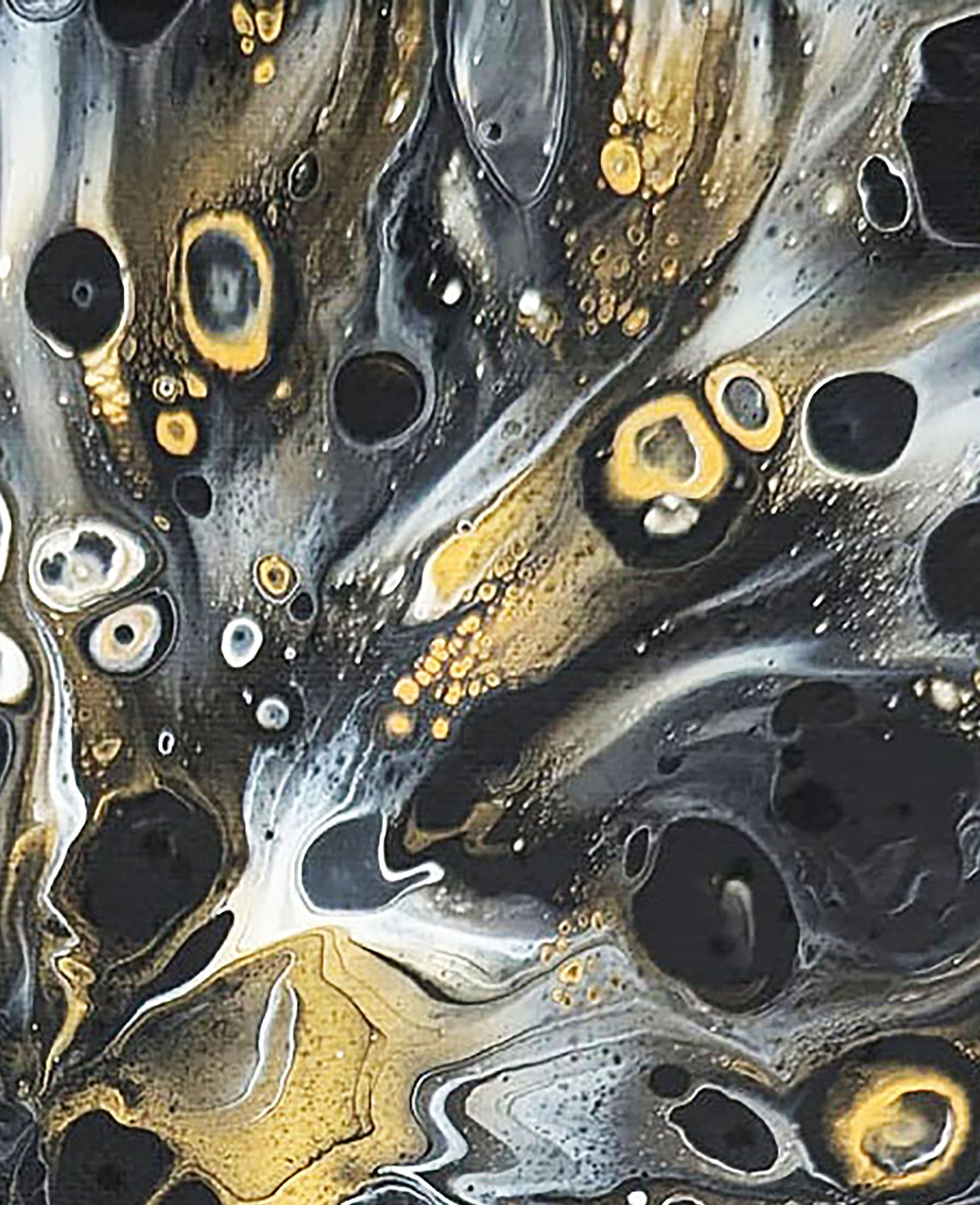 Section detail of “Glamorous,” featuring swirling metallic tones of gold and silver merging with dark black accents. The fluid lines and cell formations give a sense of expansion and radiance.