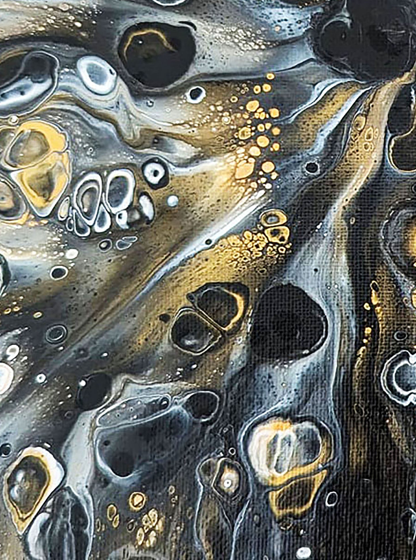 Zoomed-in section of “Glamorous,” showing dynamic black and gold marbling with fine white highlights. The organic shapes and luminous finish create a sense of depth and sophistication.