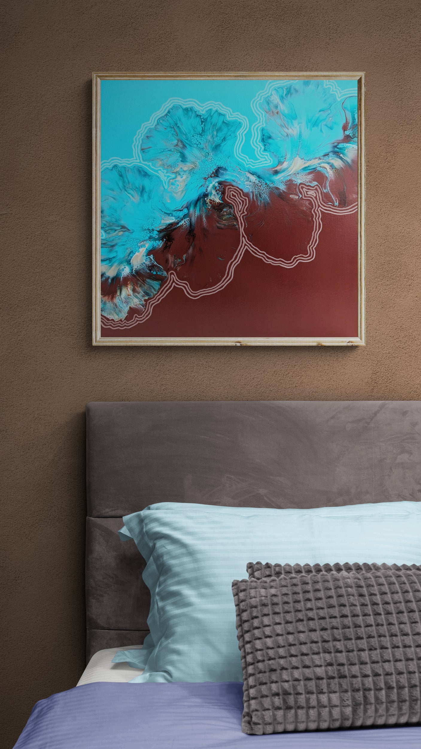 Growth & Change painting displayed above a gray velvet headboard with blue and purple bedding, styled in a cozy modern bedroom