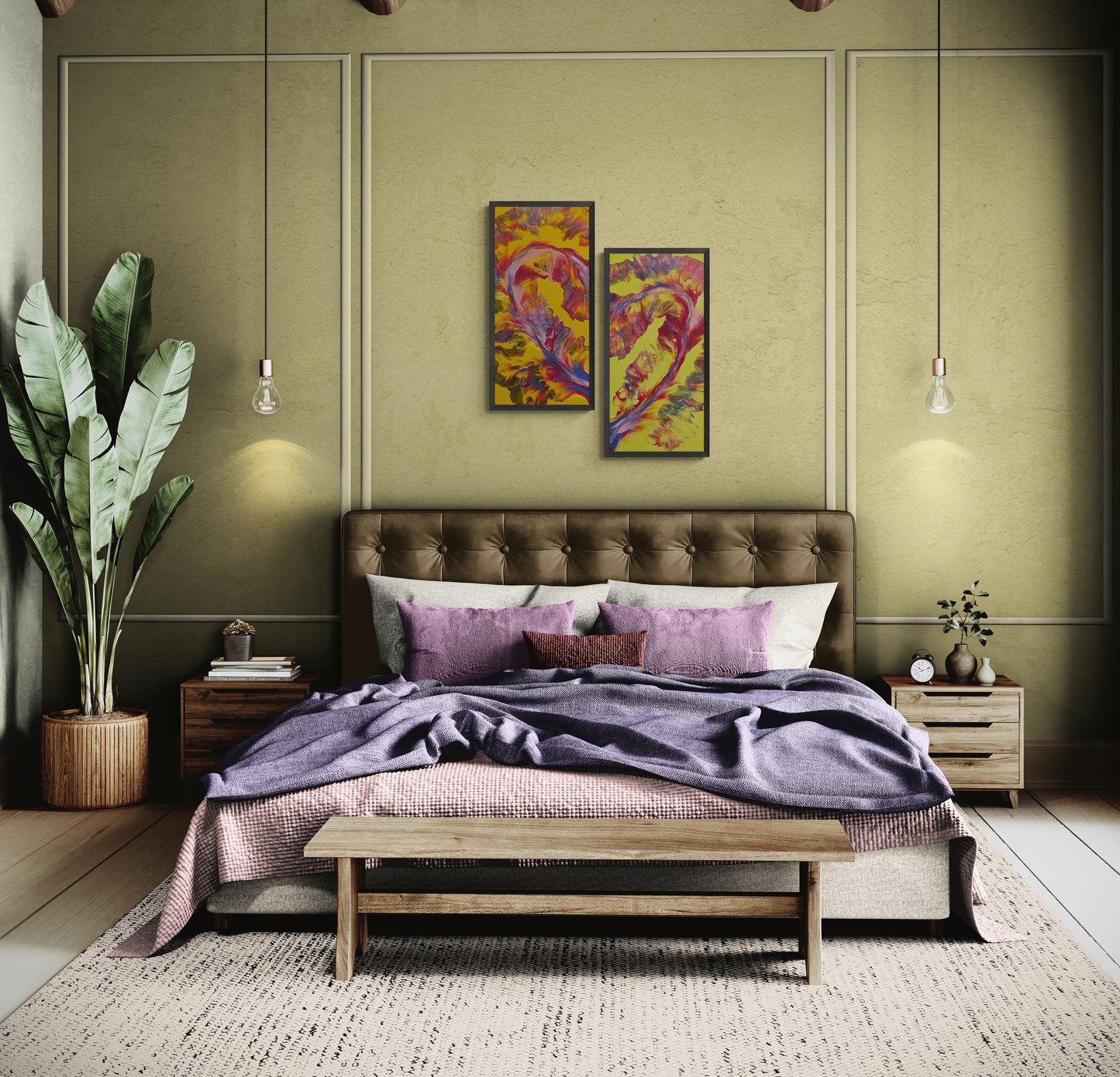 Two-part abstract heart-shaped painting with vivid pink, red, and yellow tones displayed above a tufted brown bed with lavender and blush bedding in a softly lit bedroom with hanging pendant lights and a potted plant.