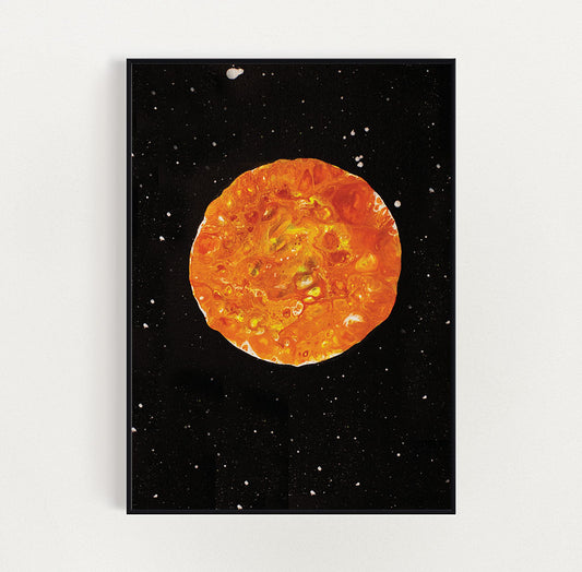 Harvest Moon abstract art print featuring bright orange and yellow tones on a black background, displayed in a black frame