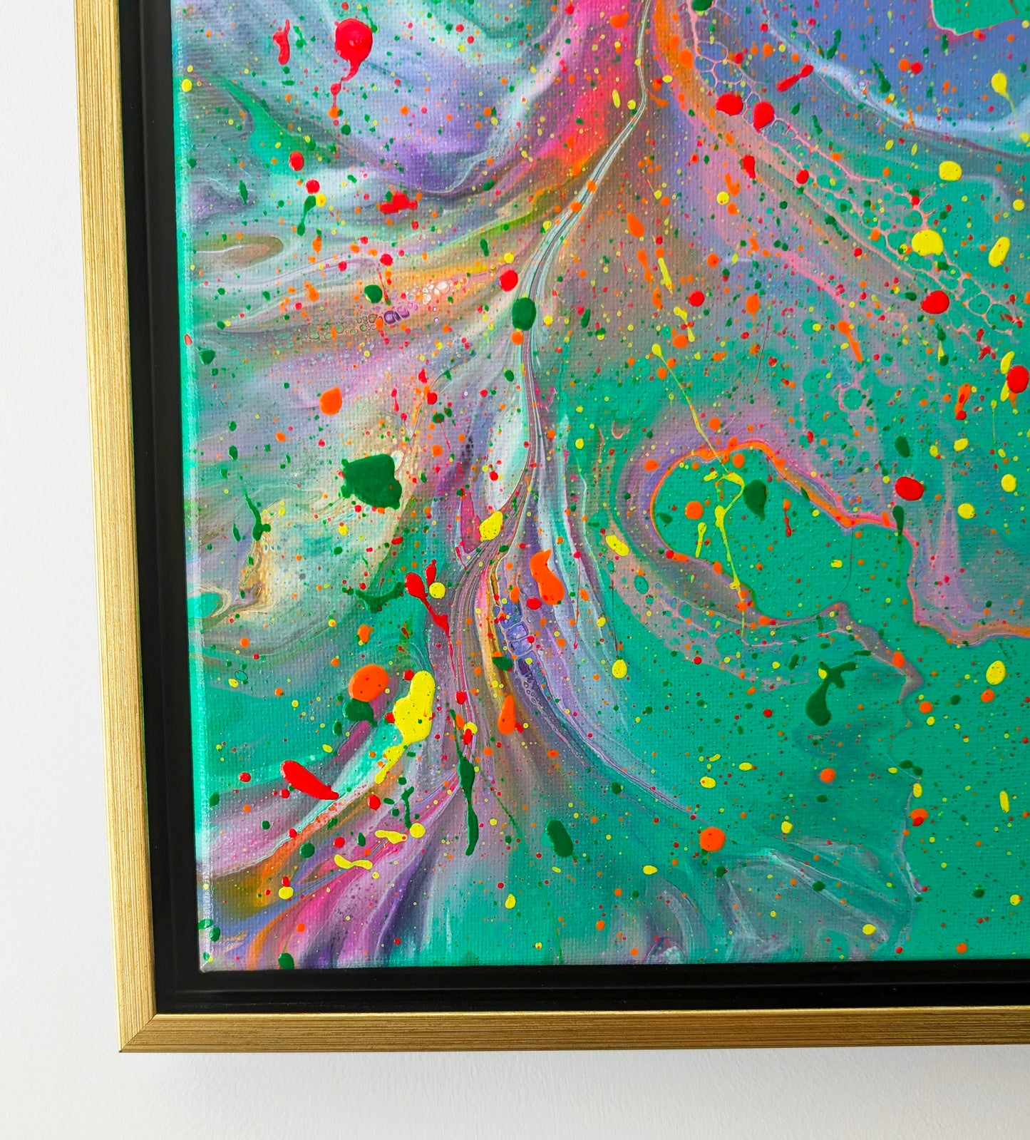 Close-up of 'Have You Lost Weight?' painting showing sweeping purple and pink swirls with vibrant orange, red, and green splatter over a textured green base.