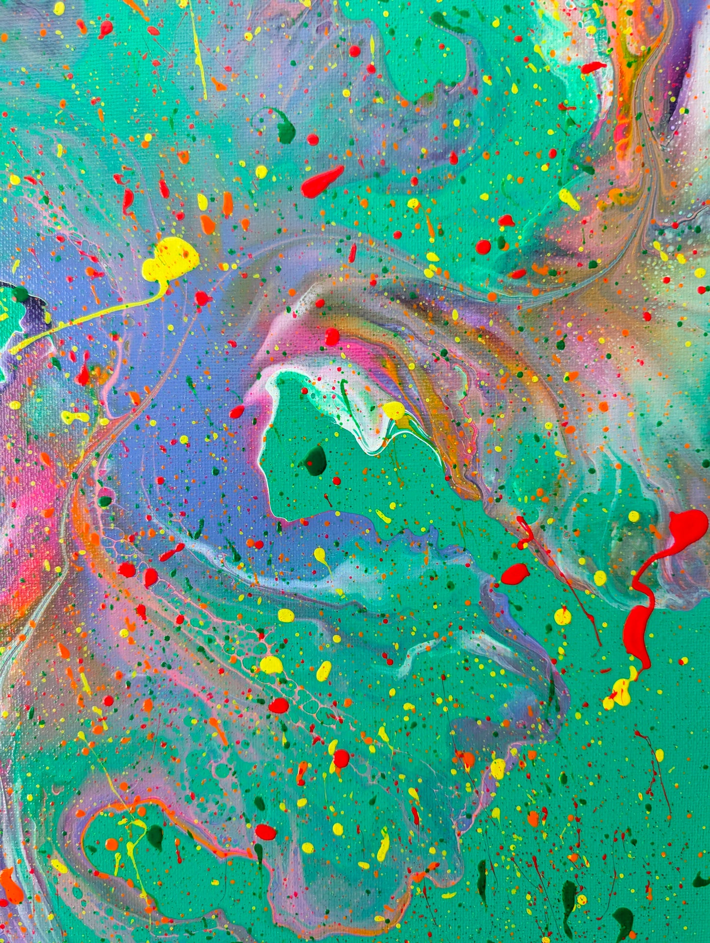 Detailed view of 'Have You Lost Weight?' highlighting the dynamic movement of purple and pink fluid textures with yellow, red, and green splashes layered on top.