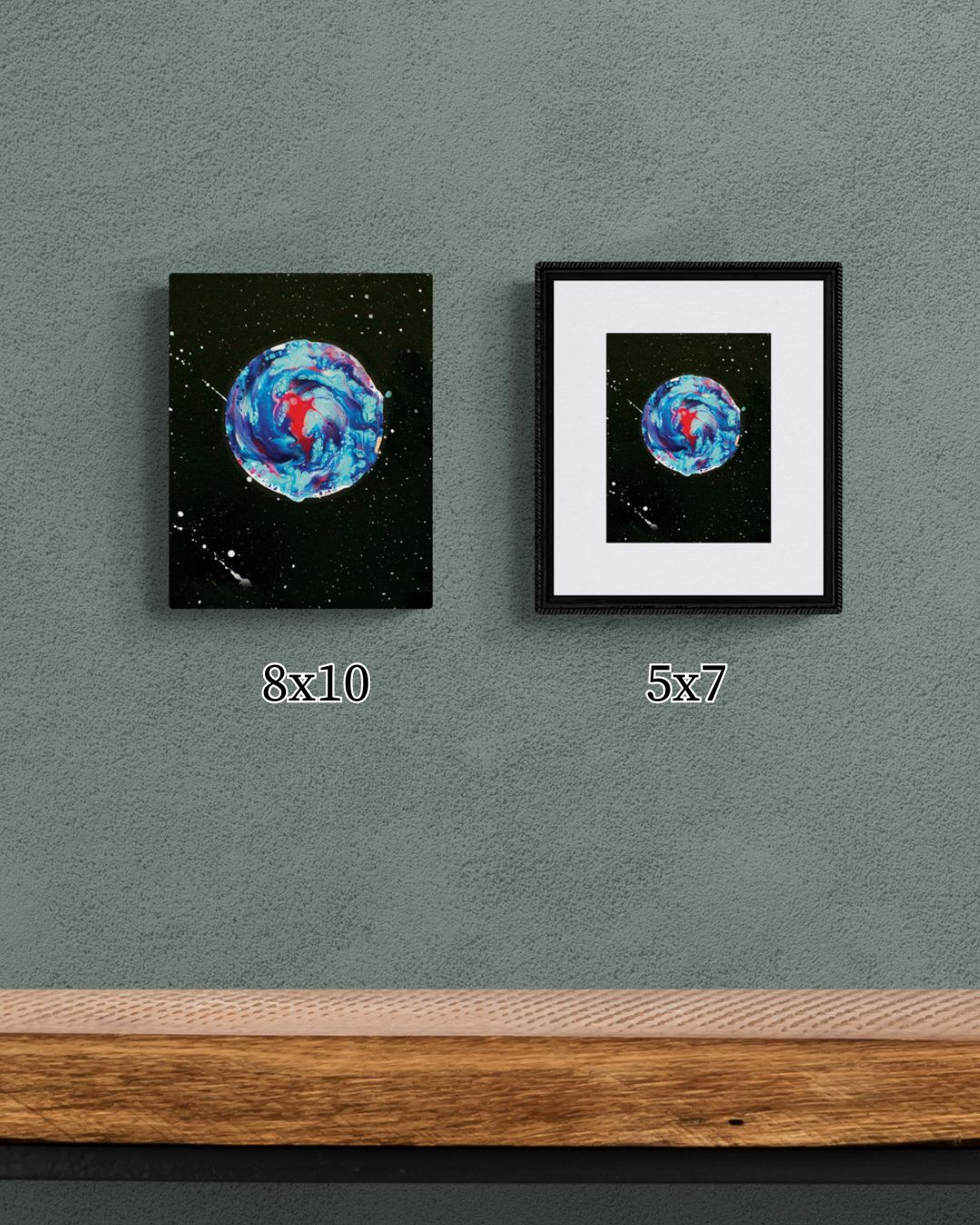 Two sizes of Her Majesty The Moon print – 5x7 and 8x10 side by side on wall