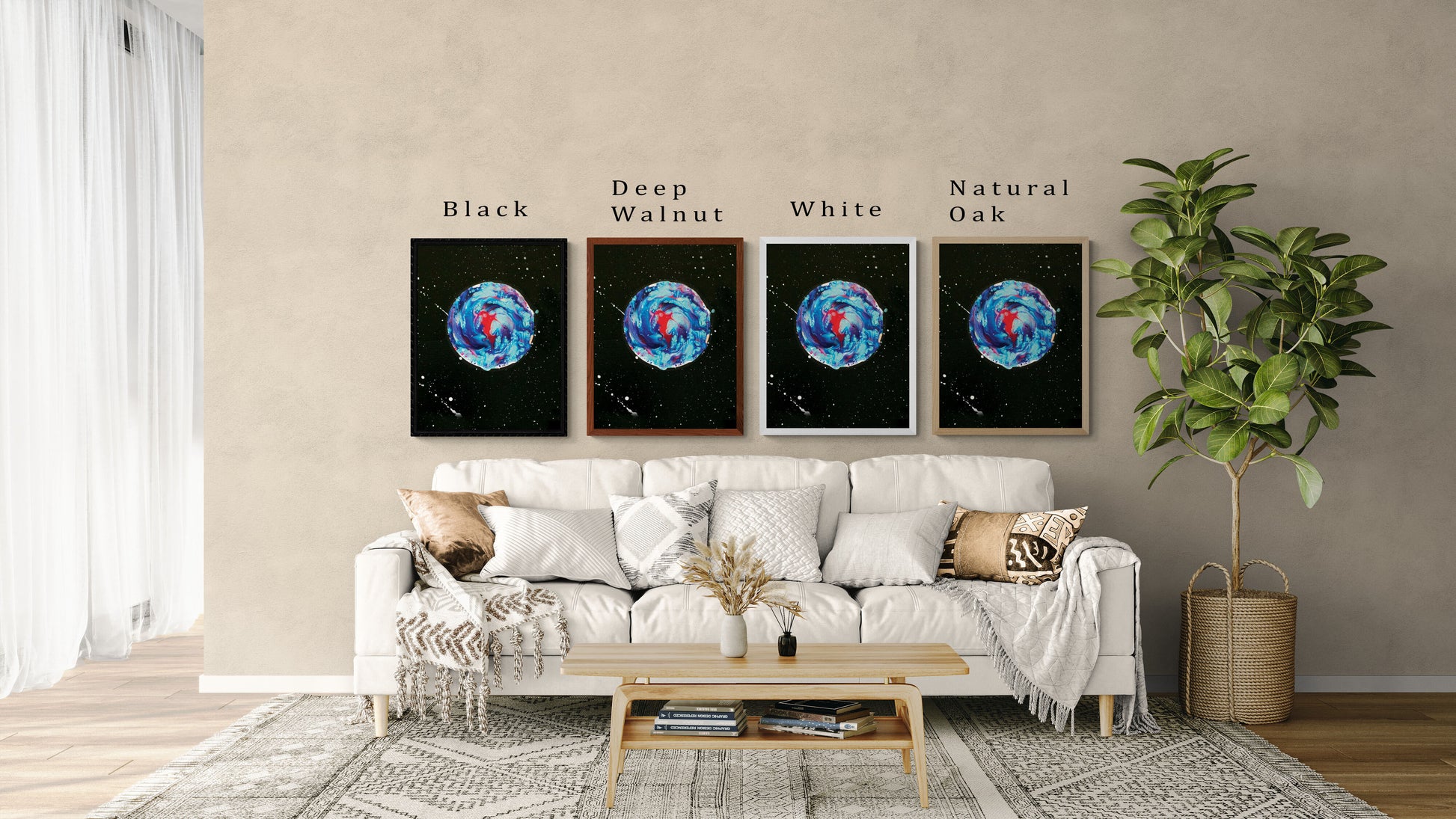 Four framed prints of Abby May Art’s “Her Majesty the Moon” displayed above a neutral cream sofa in a modern living room. The artwork features a swirling blue, teal, and magenta moon against a black starry sky with white splatter details. Each frame shows a different color option—Black, Deep Walnut, White, and Natural Oak—with labels above each. The space includes layered throw pillows, a light wood coffee table, and a tall green plant, helping viewers imagine how the artwork looks in a home setting.