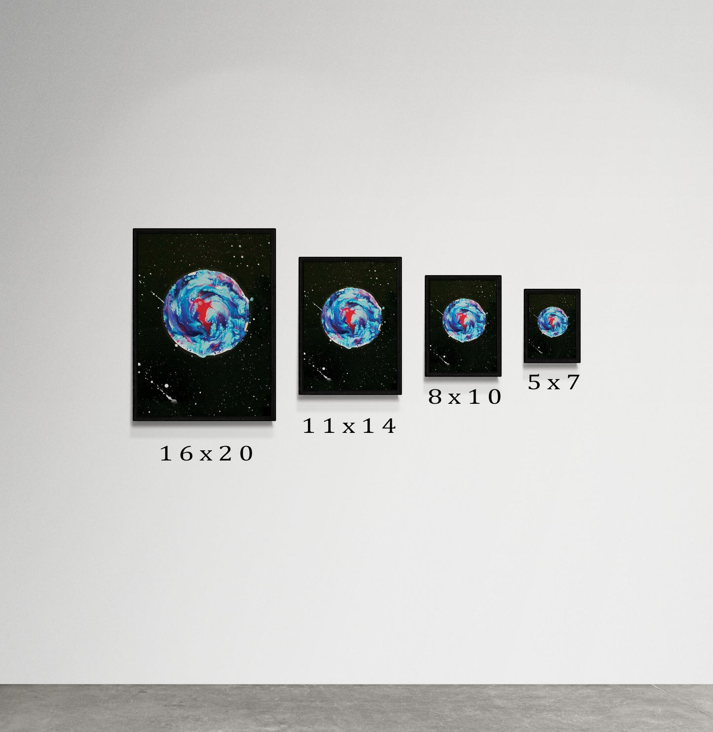 Side-by-side display of Abby May Art’s “Her Majesty the Moon” painting in four sizes—16x20, 11x14, 8x10, and 5x7—each in a black frame on a minimalist white wall. The artwork shows a blue, teal, and magenta marbled moon against a black star-filled background. Size labels are shown below each frame to help viewers compare scale.