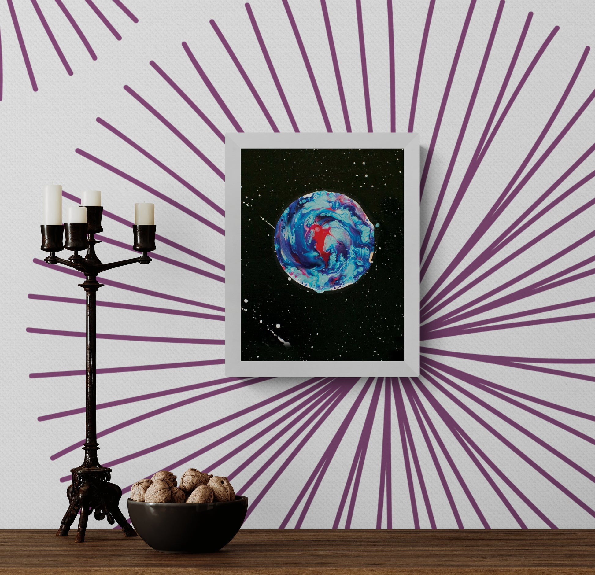 Her Majesty The Moon abstract moon print in white frame, displayed in an eclectic room with bold purple wallpaper and vintage candleholder