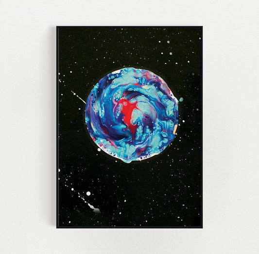 Her Majesty The Moon art print – abstract moon in pink and blue on dark background, framed 8x10