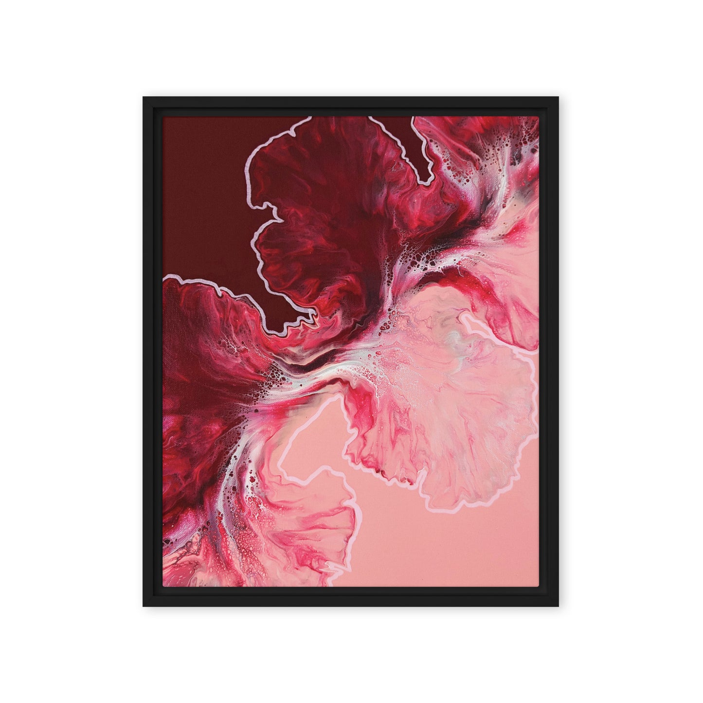 "Hold The Line" acrylic fluid art canvas print in a black floating frame, featuring bold red and pink abstract swirls with soft white highlights.