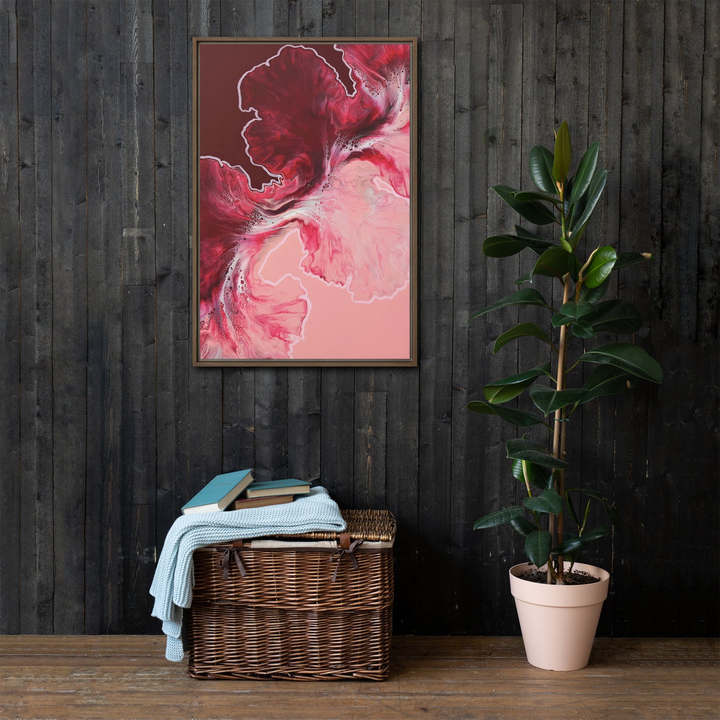 "Hold The Line" acrylic fluid art canvas print in a brown floating frame, displayed against a white wall with light wood flooring.