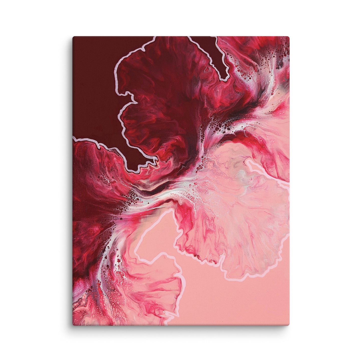 "Hold The Line" acrylic fluid art canvas print without frame, featuring bold red and pink abstract swirls with white highlights on stretched canvas.