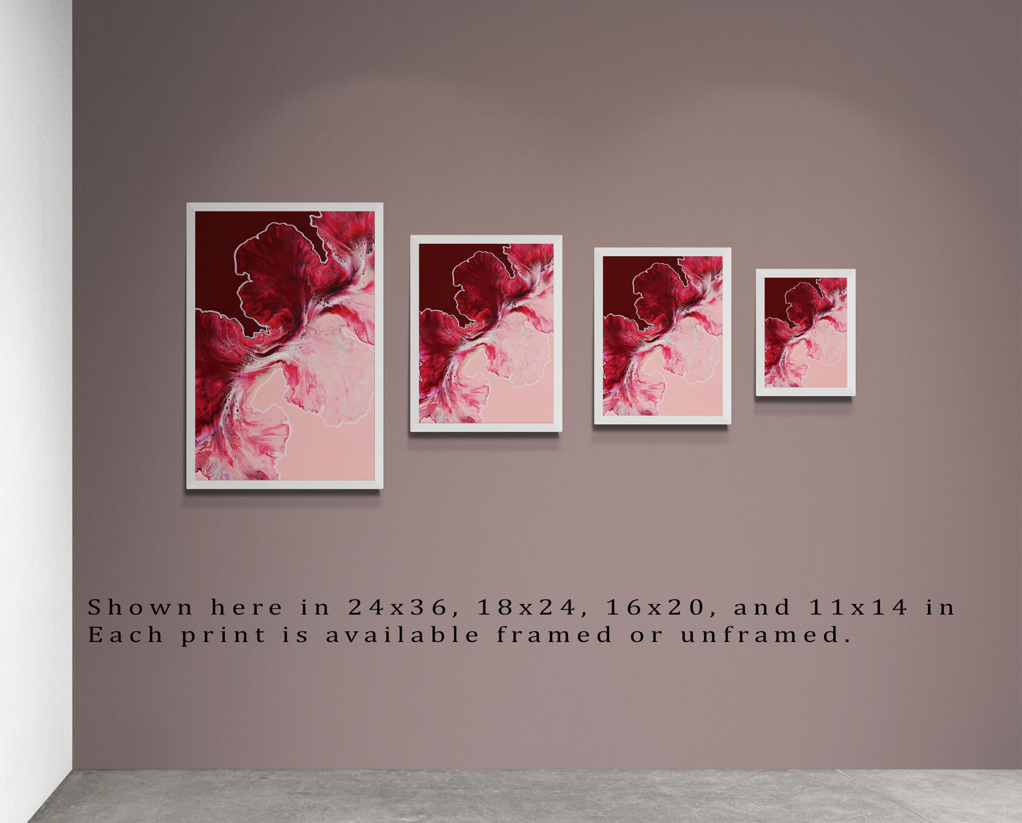 Four framed prints of the canvas print “Hold the Line” are displayed side by side in sizes 24x36, 18x24, 16x20, and 11x14 inches. Each version showcases the dramatic interplay of crimson and blush tones with fluid, organic movement.