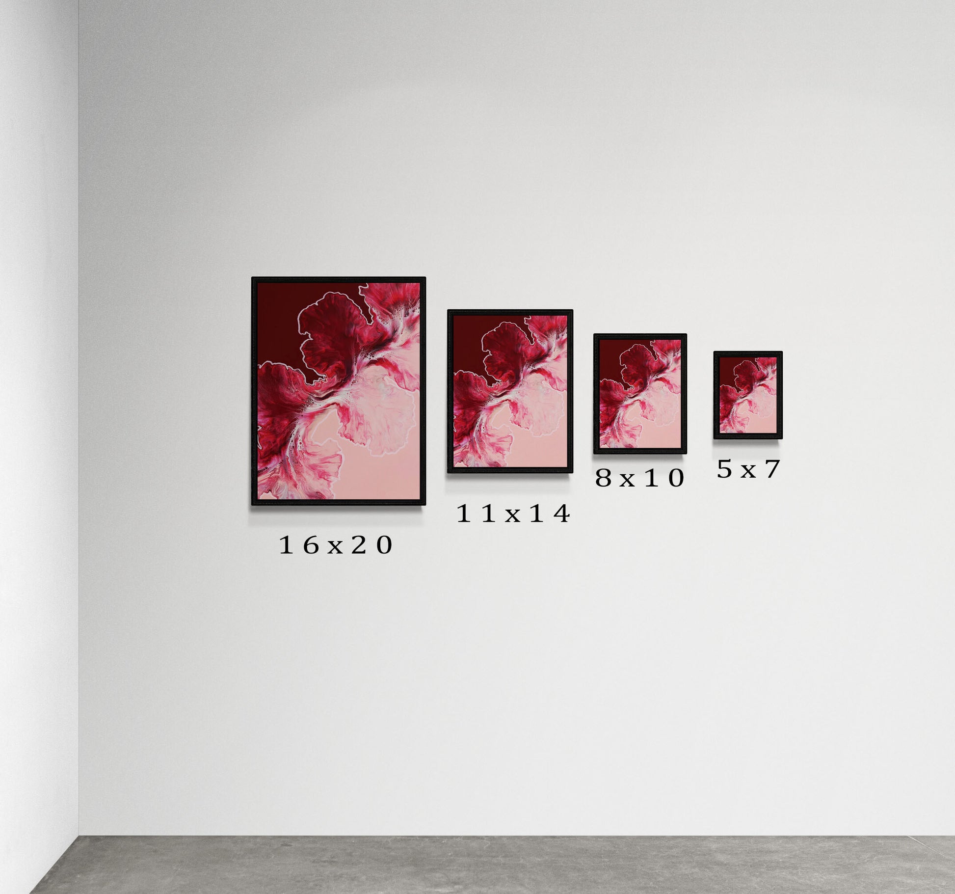 Side-by-side display of Abby May Art’s painting “Hold the Line” in four print sizes—16x20, 11x14, 8x10, and 5x7—each in a black frame. The artwork features rich burgundy and deep red fluid forms blending into soft pink. The prints are arranged on a minimalist white wall with the size labels below each frame, helping viewers compare scale and proportion when choosing a print size.