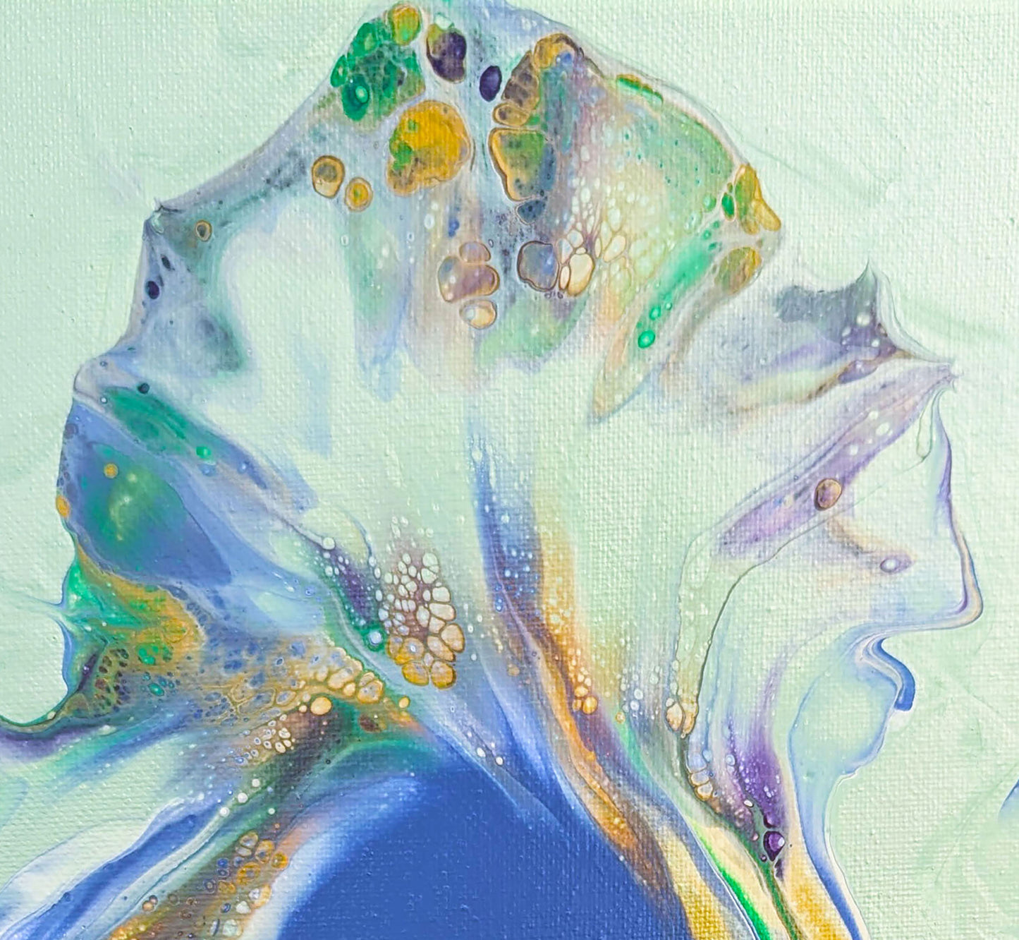 Macro view of Lavender Fields abstract painting, highlighting layered lavender, green, and golden tones against a pale background.