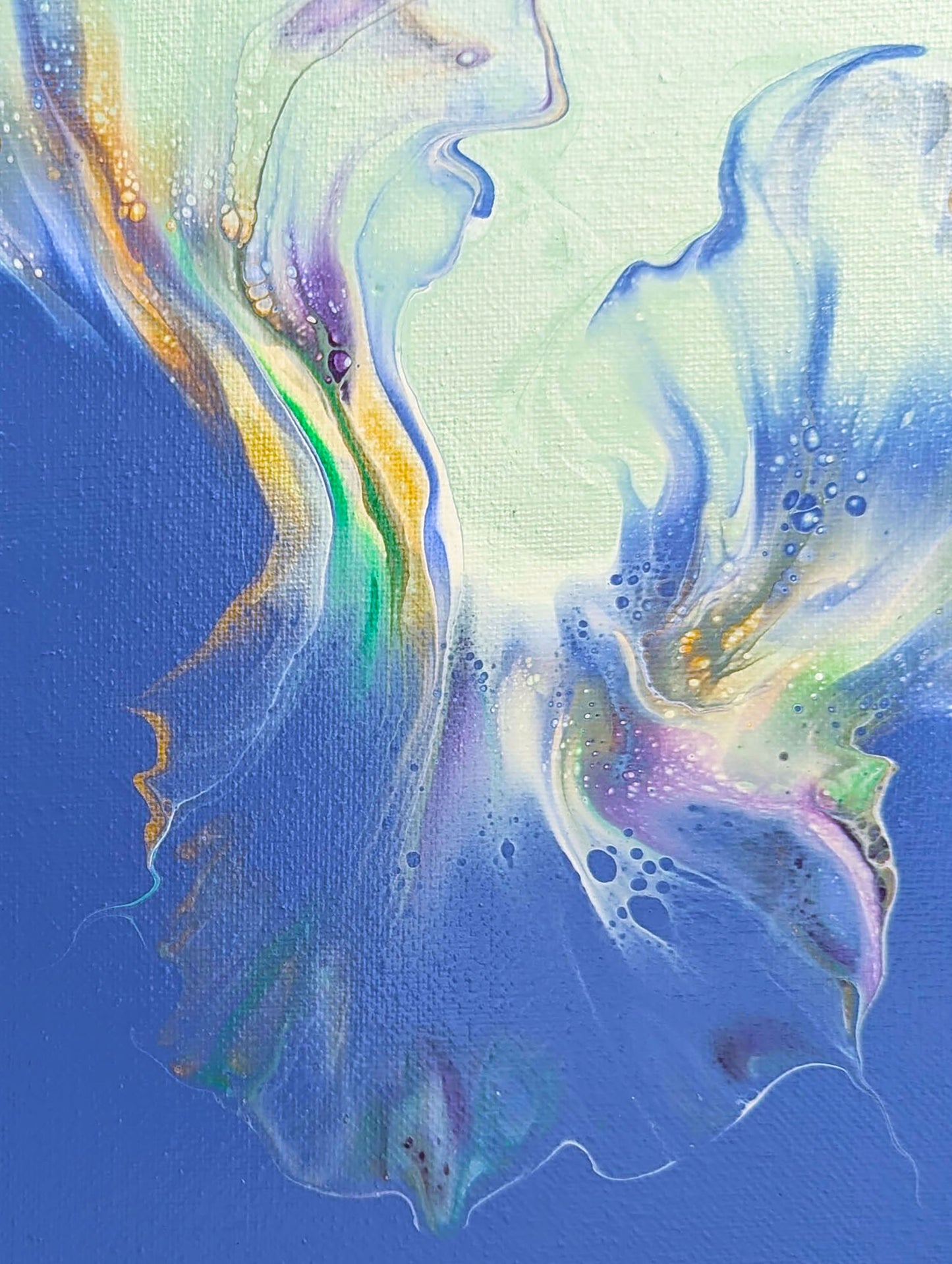 Close-up section of Lavender Fields artwork, featuring fluid swirls of purple, blue, and green with organic marbling effects.