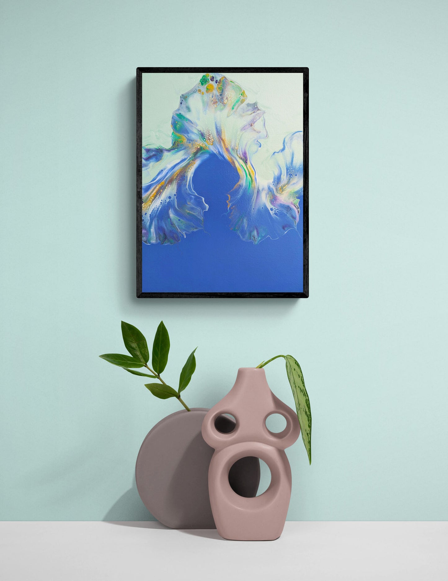Lavender Fields – purple, blue, and green abstract fluid art print, framed wall art displayed with modern sculptural vases